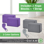 Gaiam Essentials Yoga Block 2 Pack & Yoga Strap Set, Deep Purple, 9'' W X 6'' H X 4'' D