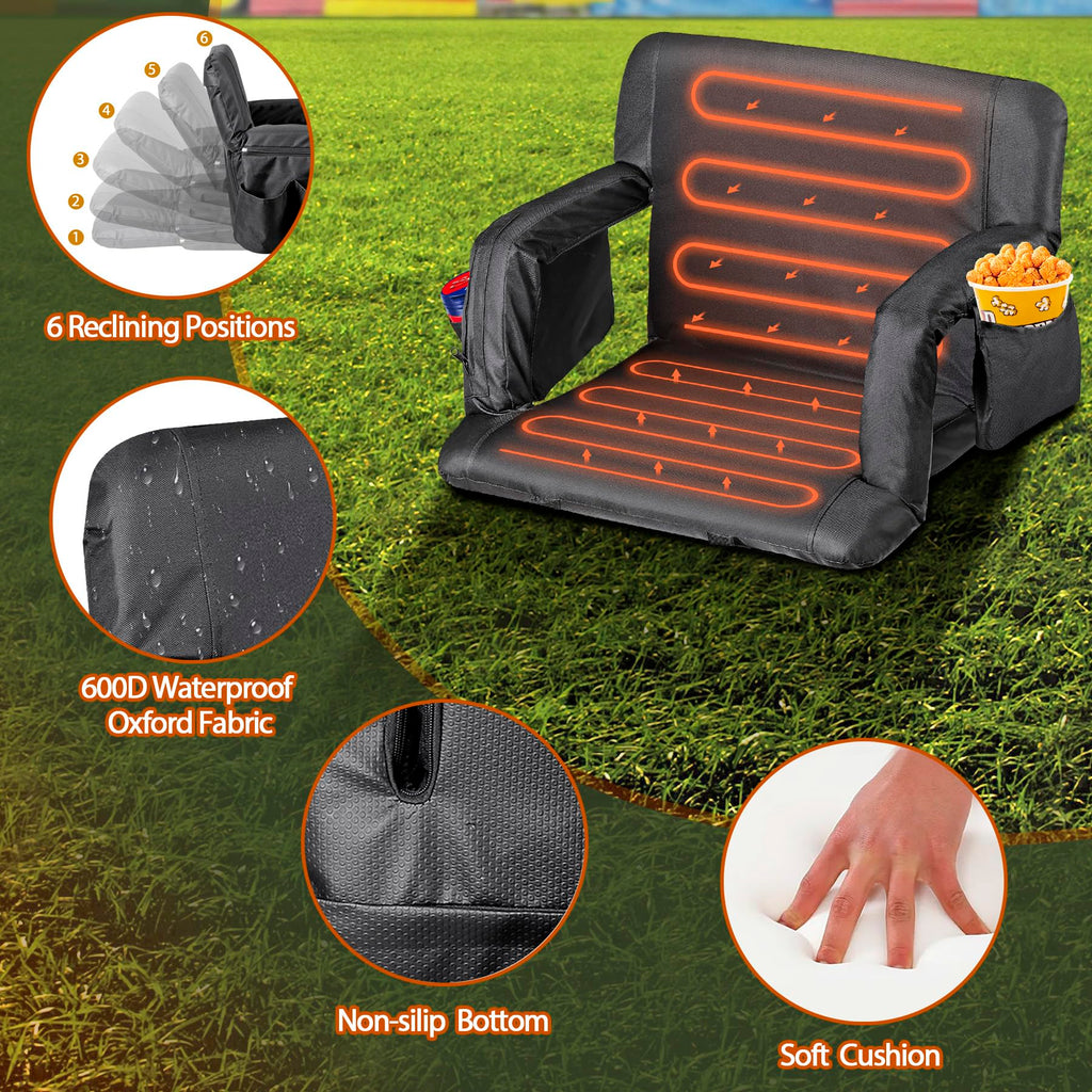 Lemy Heated Stadium Seat For Bleachers With Back Support,25 Wide 6-Position Reclining Padded Cushion,Black Portable Folding Chai