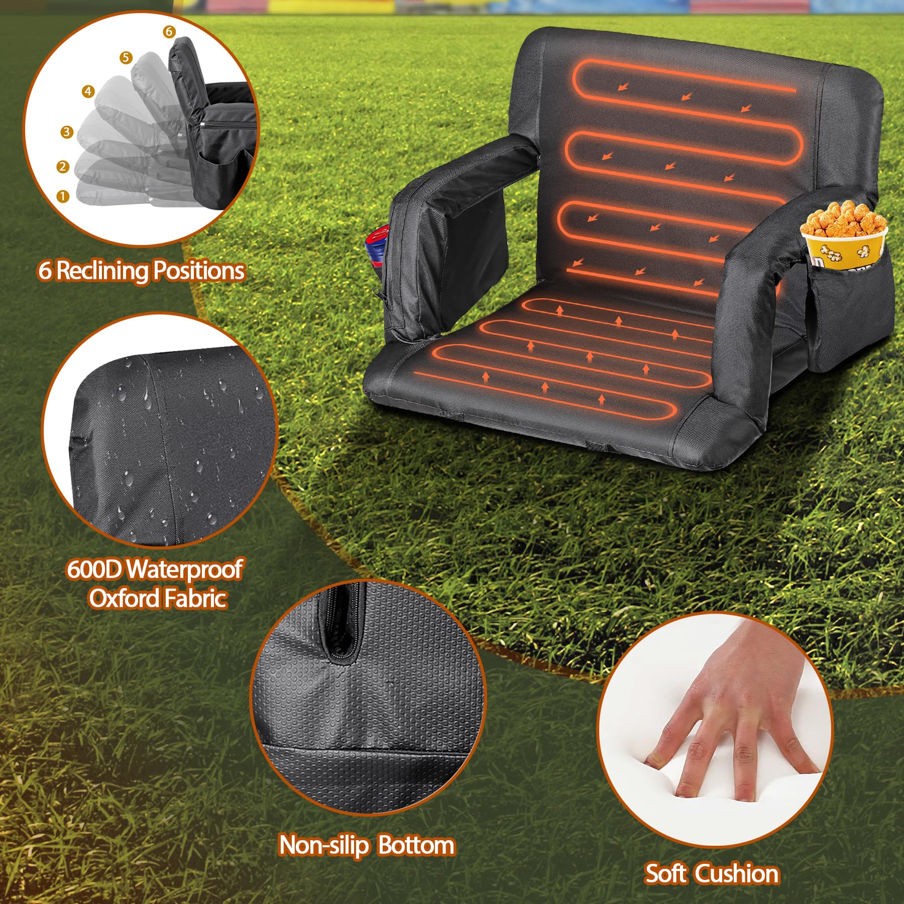 Lemy Heated Stadium Seat For Bleachers With Back Support,25 Wide 6-Position Reclining Padded Cushion,Black Portable Folding Chai