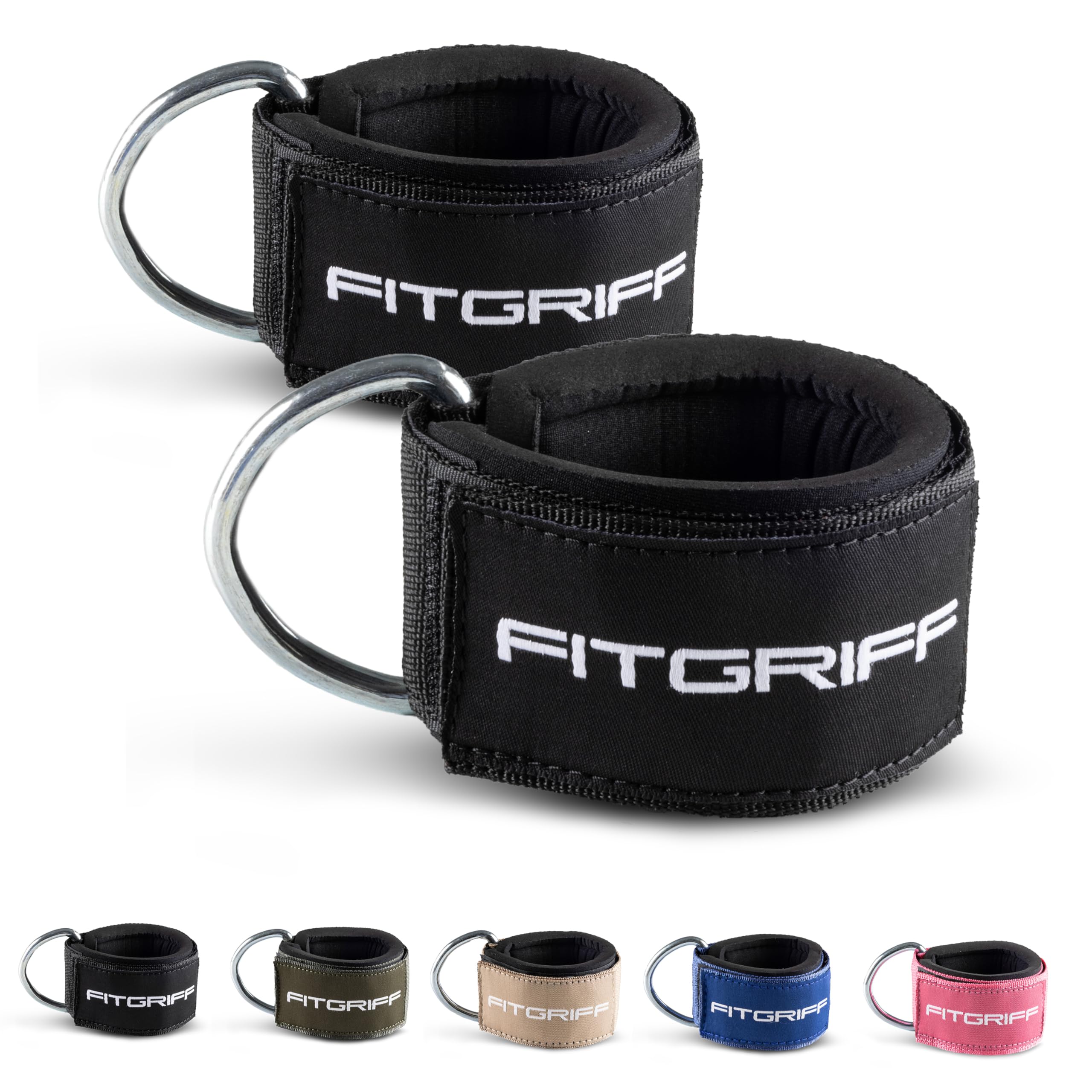 Fitgriff Ankle Straps V2 for Cable Machine (2 Pieces) - Gym Workout Equipment - Leg Pulley Attachment, Kickback Straps (Black)
