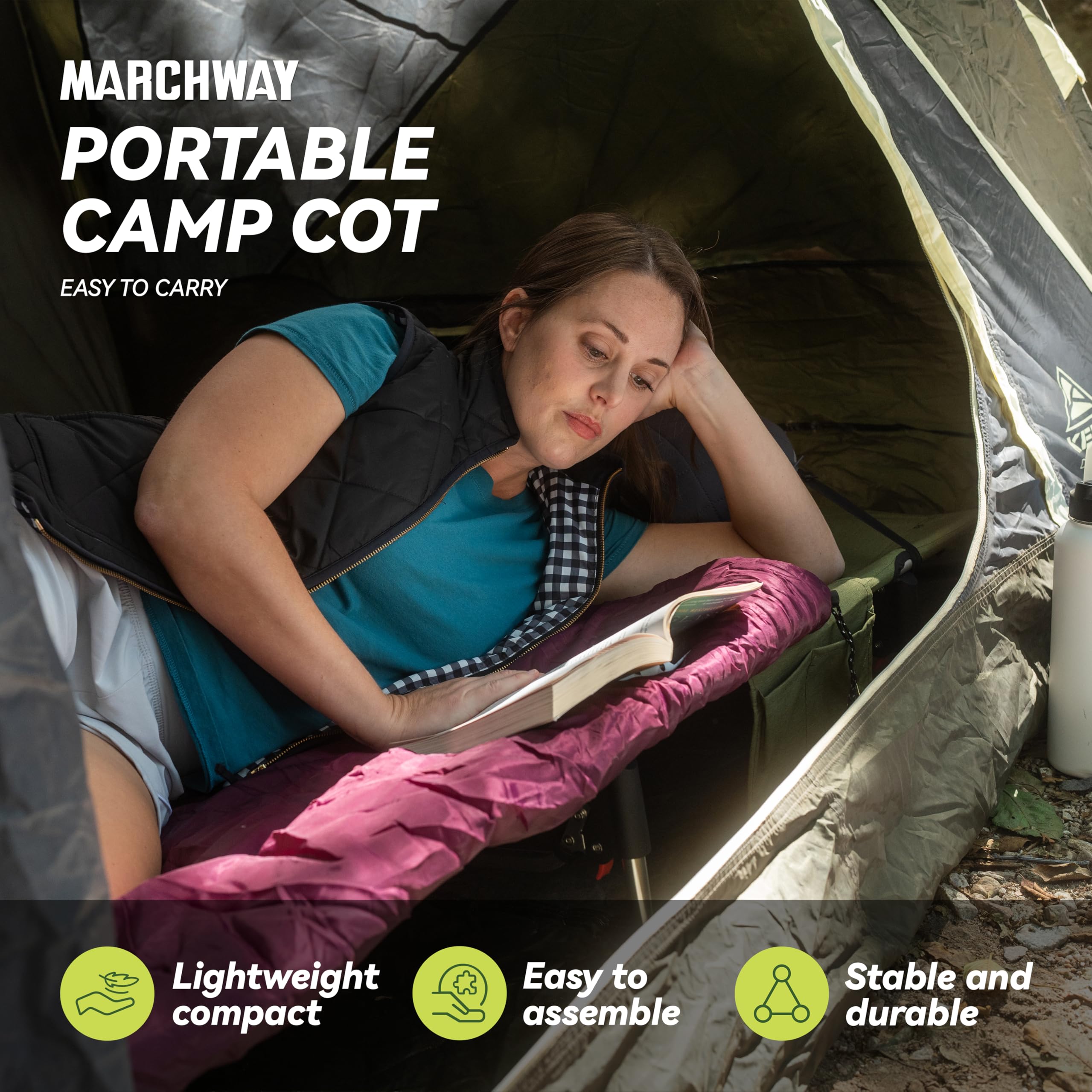 Marchway Lightweight Folding Tent Camping Cot Bed With Lever Lock, Easy Setup Portable Compact For Outdoor Travel, Hunting, Hiki