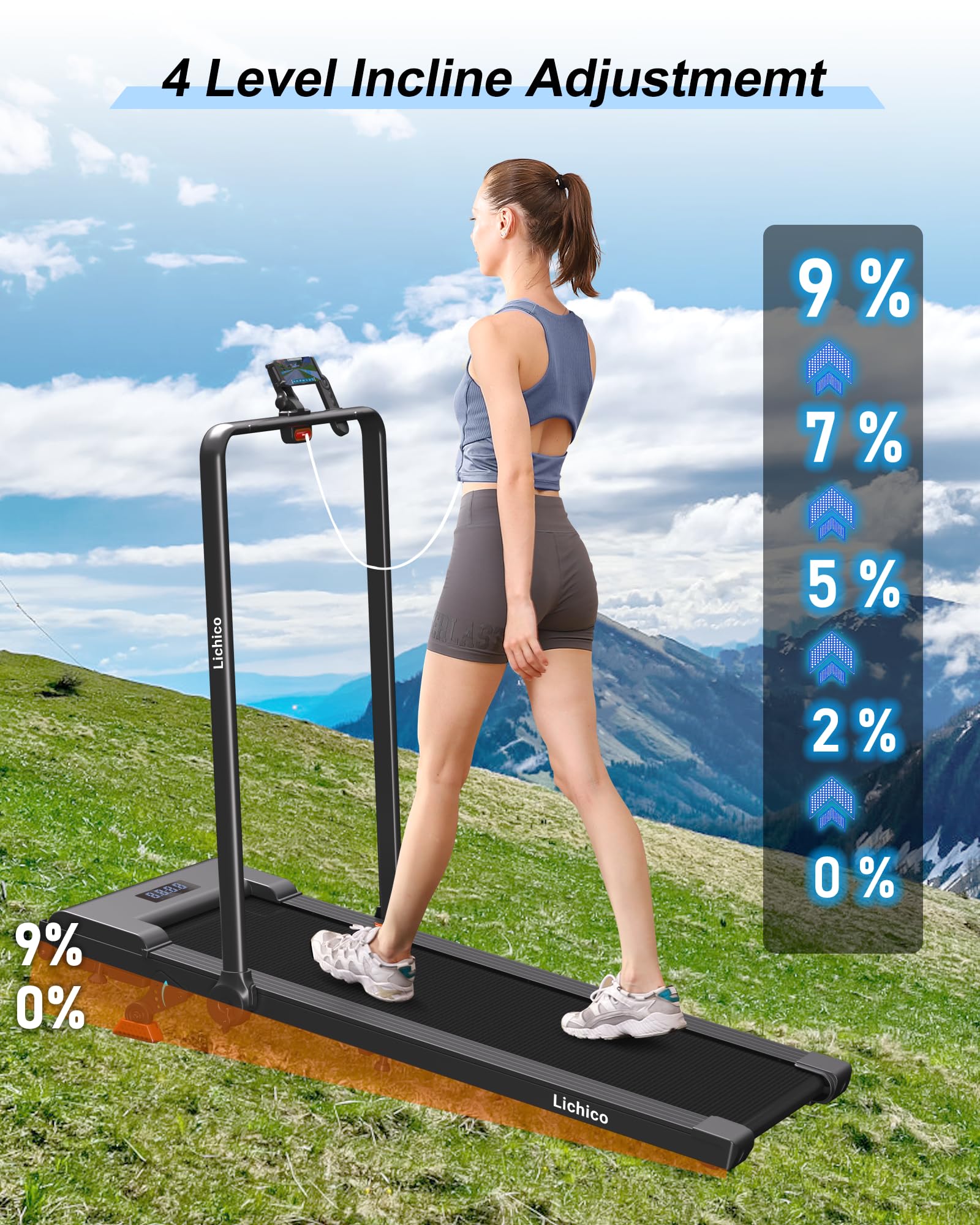 Lichico Treadmill With Incline Walking Pad Under Desk For Home And Office, 8.7Mph Compact Portable Folding Treadmill With Handle