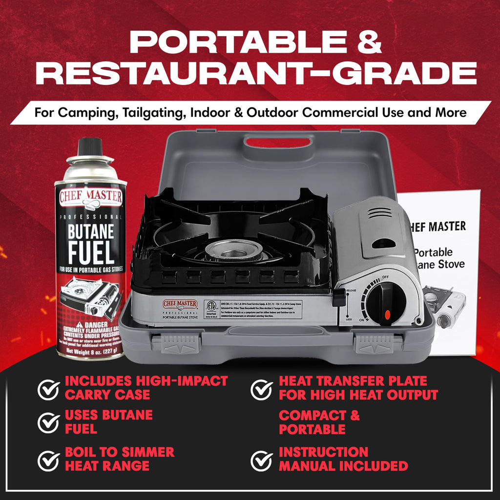 Chef Master 15,000 Btu Butane Portable Camp Stove + 4X 8Oz Butane Canisters | Double Wind-Guard Portable Stove Burner W/Piezo Ig
