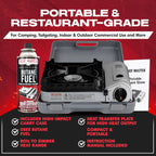 Chef Master 15,000 Btu Butane Portable Camp Stove + 4X 8Oz Butane Canisters | Double Wind-Guard Portable Stove Burner W/Piezo Ig