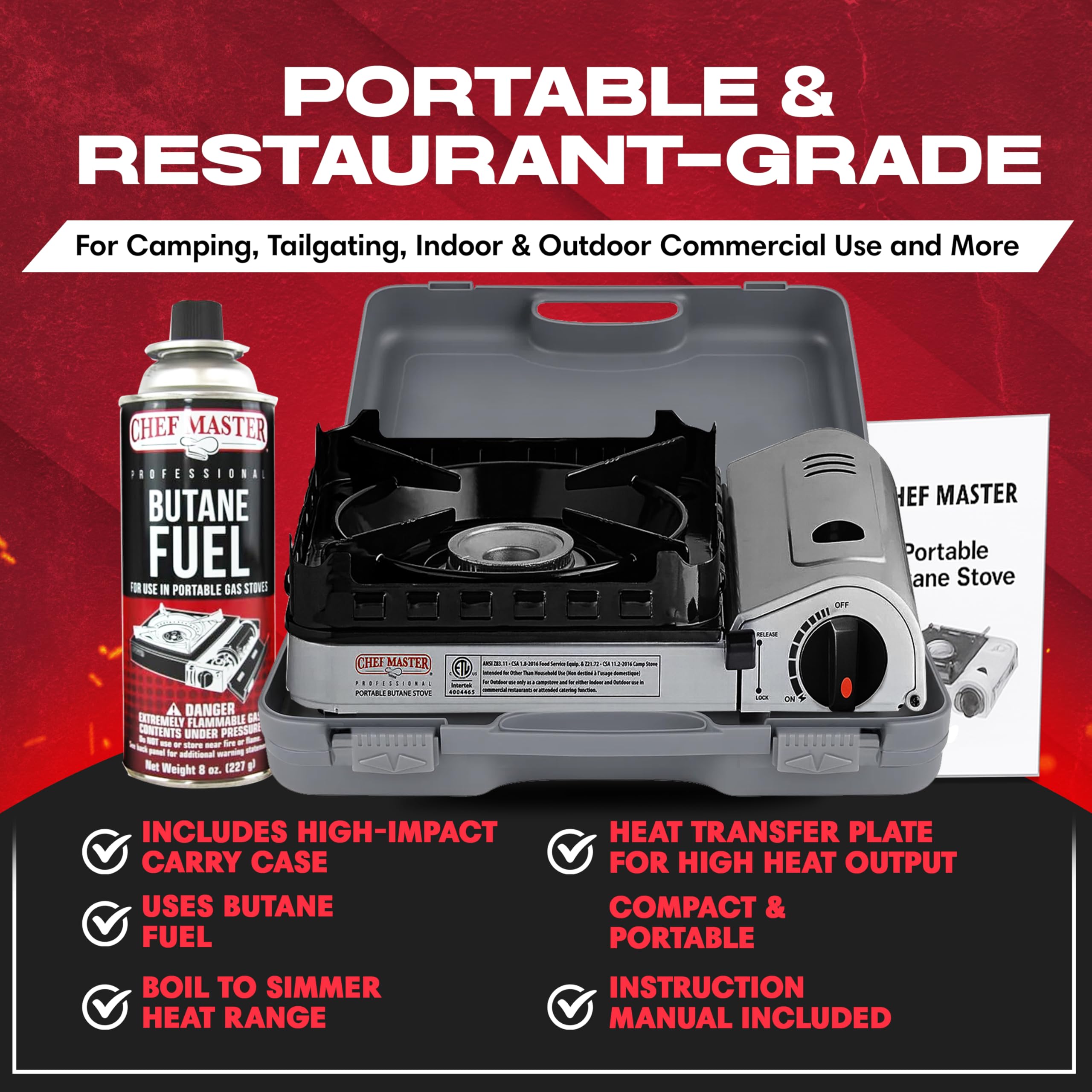 Chef Master 15,000 Btu Butane Portable Camp Stove + 4X 8Oz Butane Canisters | Double Wind-Guard Portable Stove Burner W/Piezo Ig