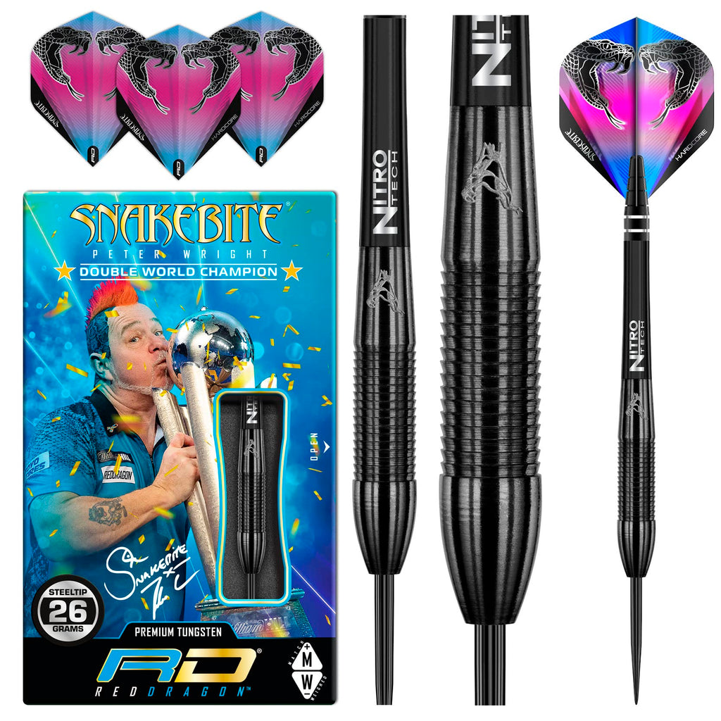 Red Dragon Peter Wright Snakebite 3: 26G Tungsten Darts Set With Flights And Stems