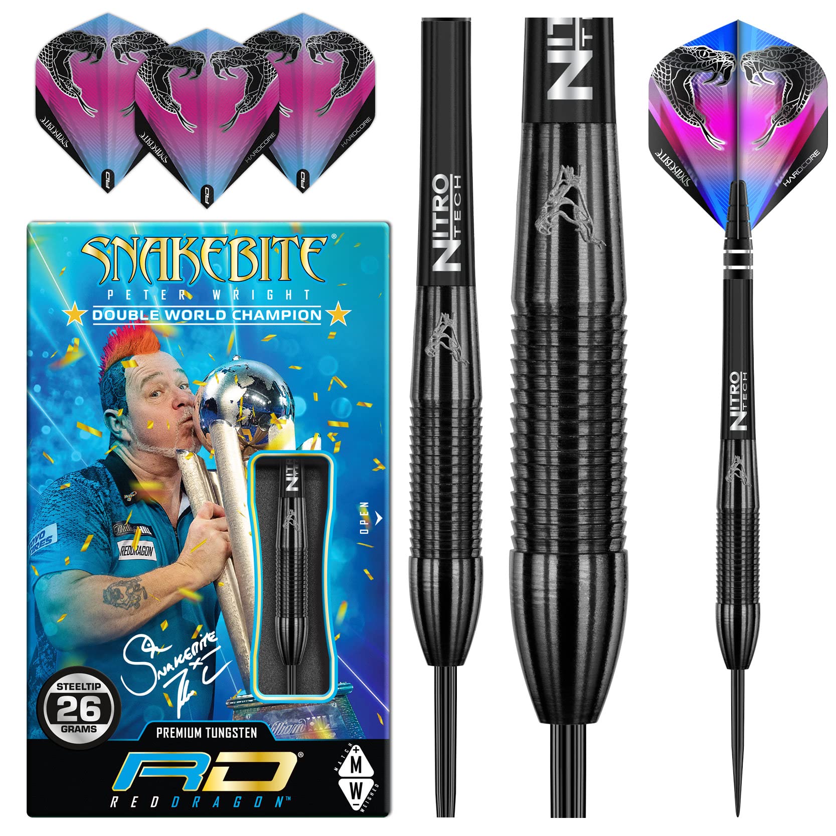Red Dragon Peter Wright Snakebite 3: 26G Tungsten Darts Set With Flights And Stems