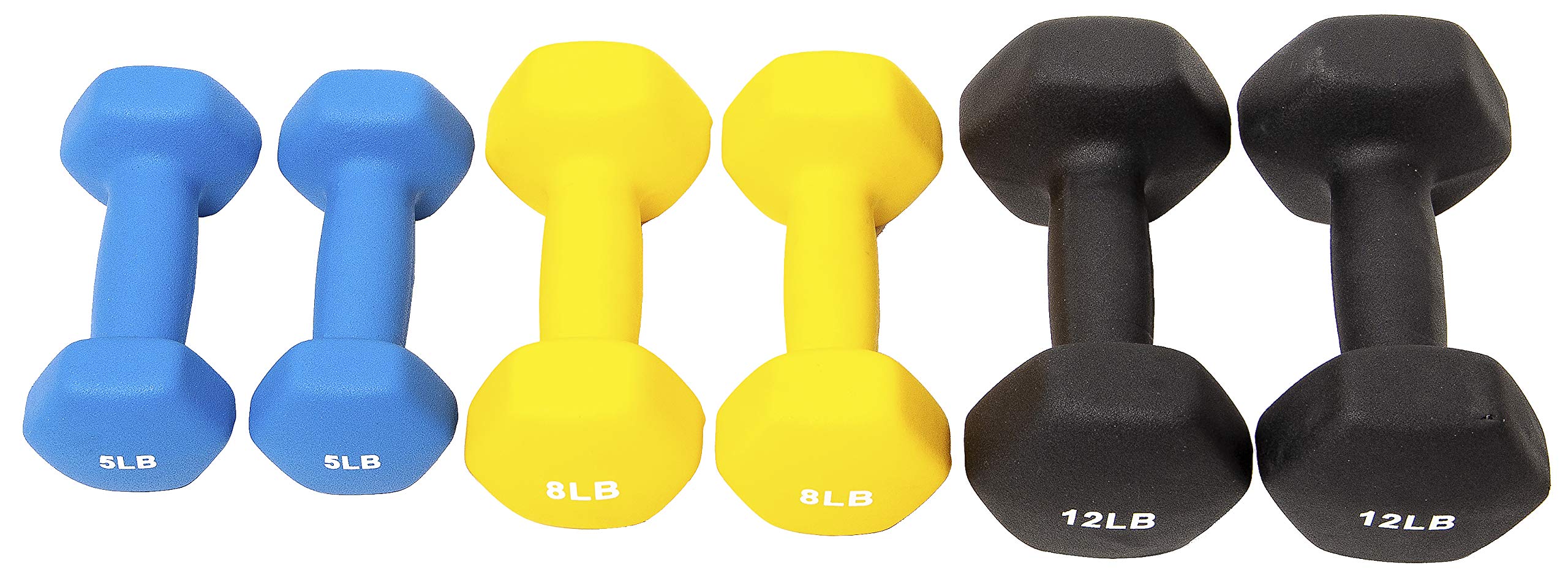 Fitvids Set Of 6 Neoprene Dumbbell Hand Weights, Anti-Slip, Anti-Roll, Hex Shape Colorful, 5/8/12 Pound Pairs, 50-Pound Set With