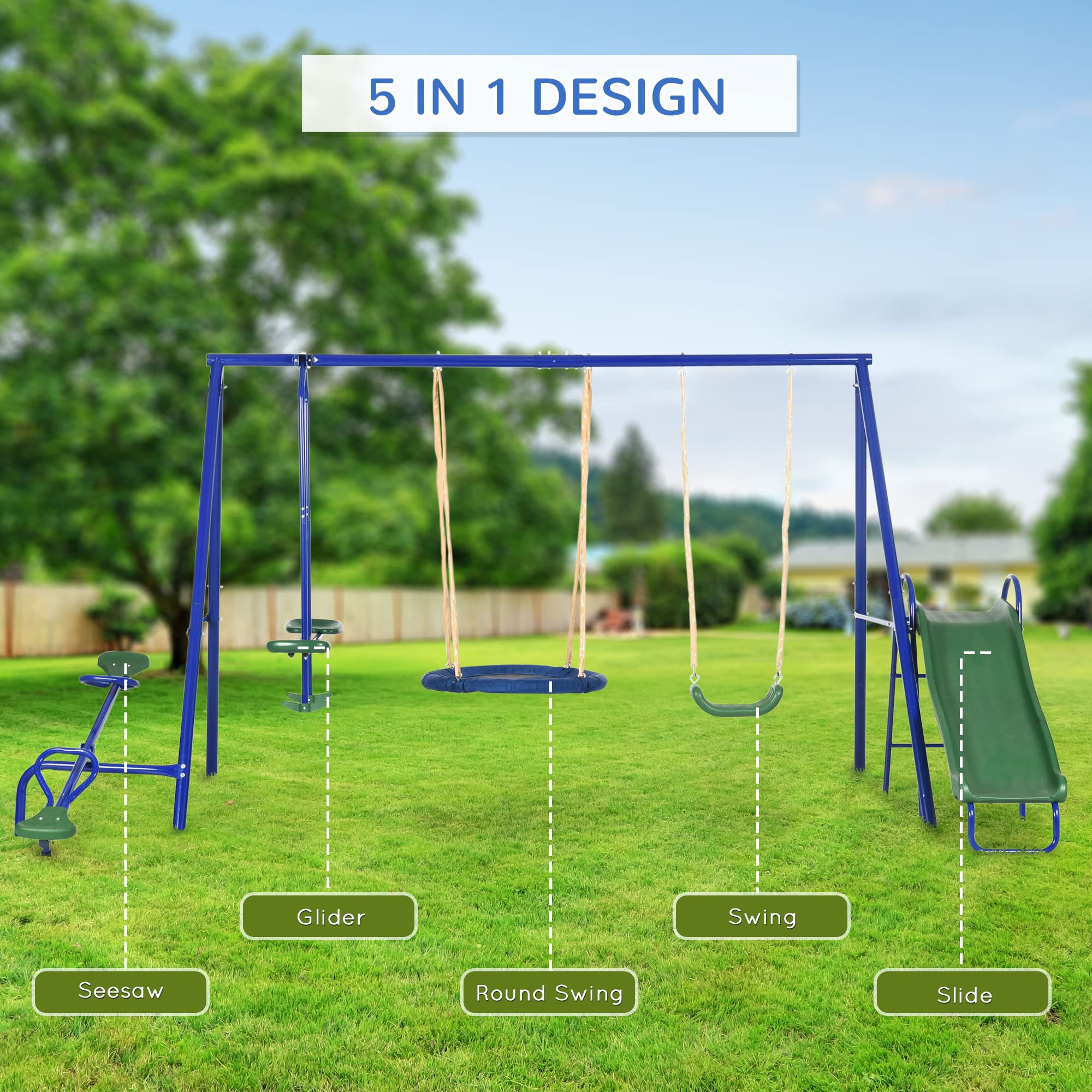 Outsunny Swing Set For Backyard, 5 In 1 Heavy-Duty A-Frame Stand Outdoor Playset For Kids With 29.5'' Saucer Swing, Slide, Seesa