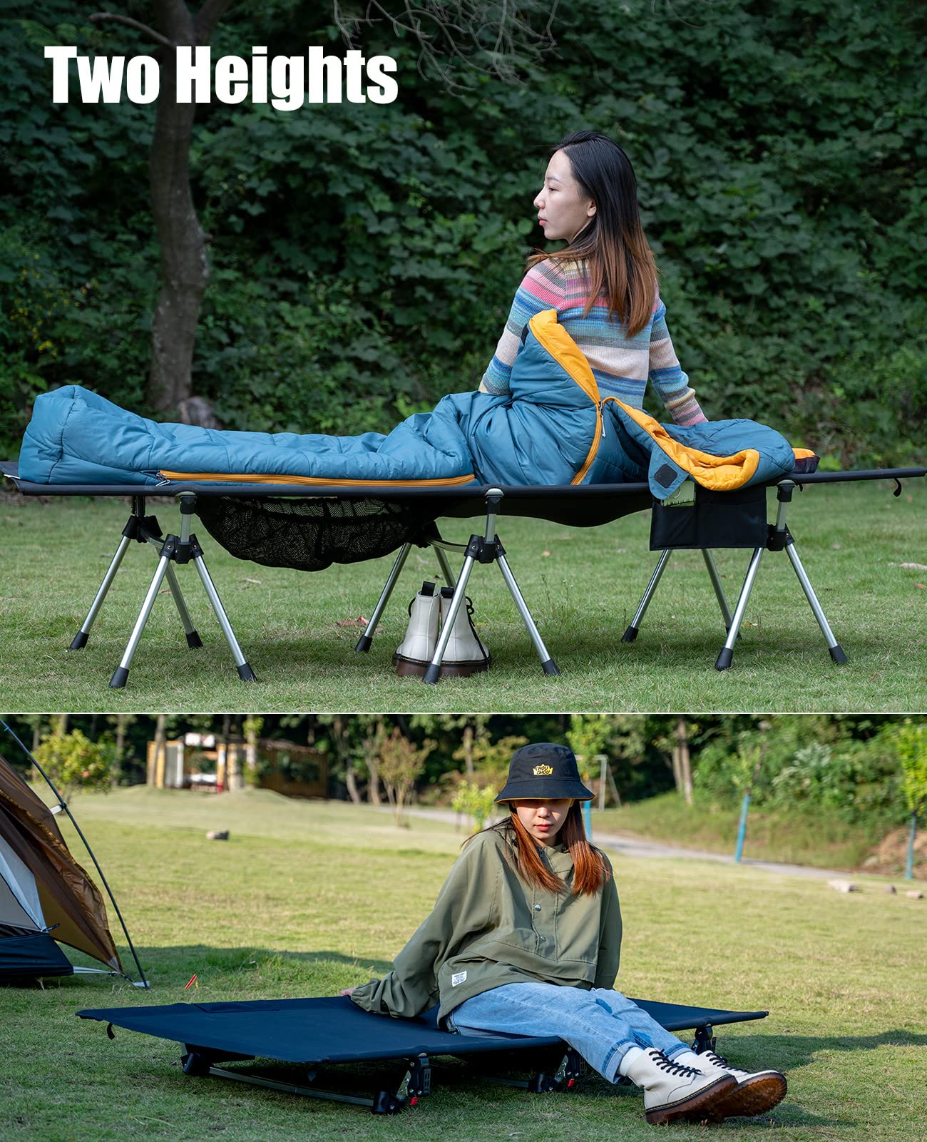 Iclimb Super Easy Assemble Folding Cot Ultralight Compact Heavy Duty With Carry Bag For Adults Camping Backpacking (Black, Two H