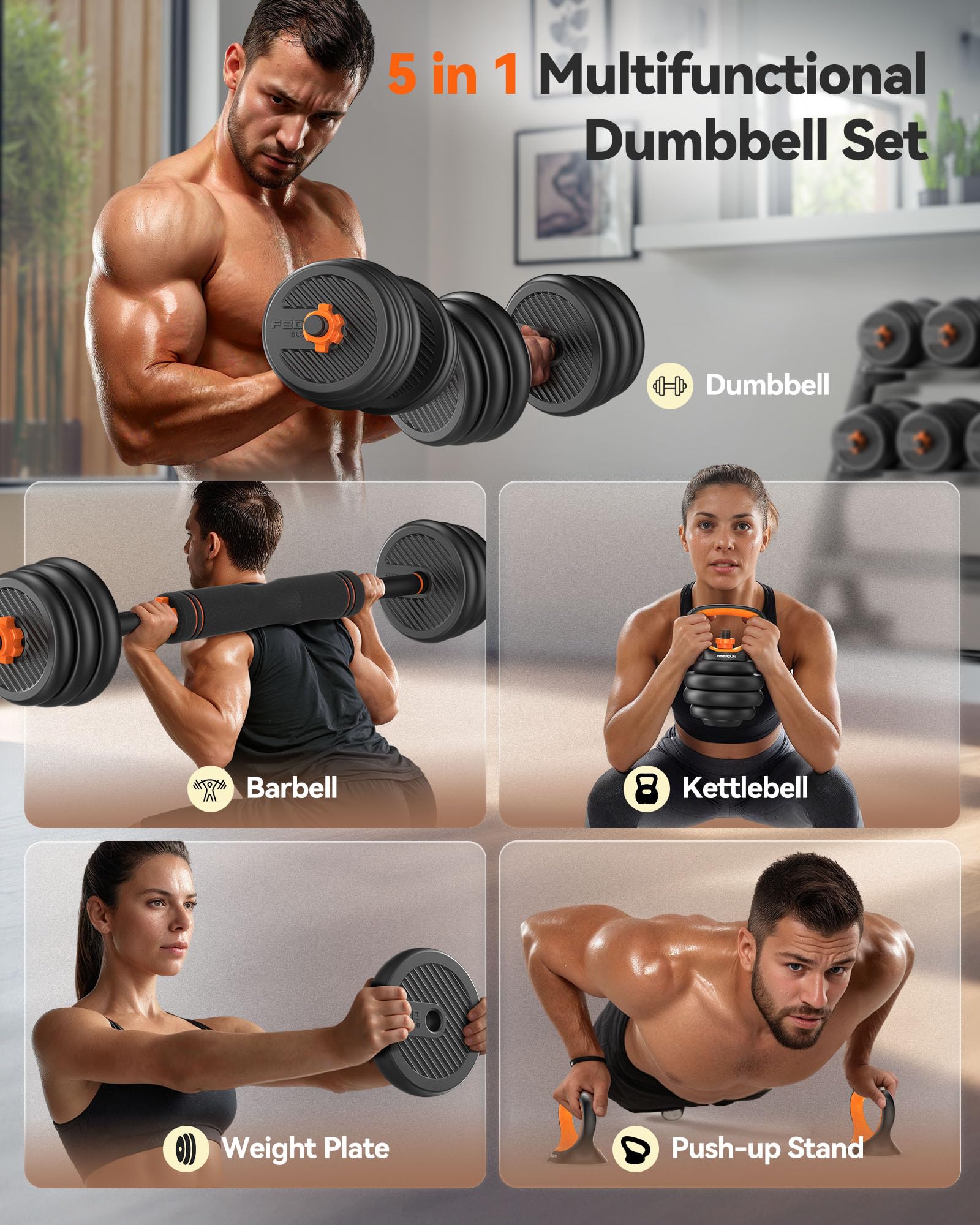 Feierdun Adjustable Dumbbells, 90Lbs Free Weight Set With Connector, 4 In1 Dumbbells Set Used As Barbell, Kettlebells, Push Up S
