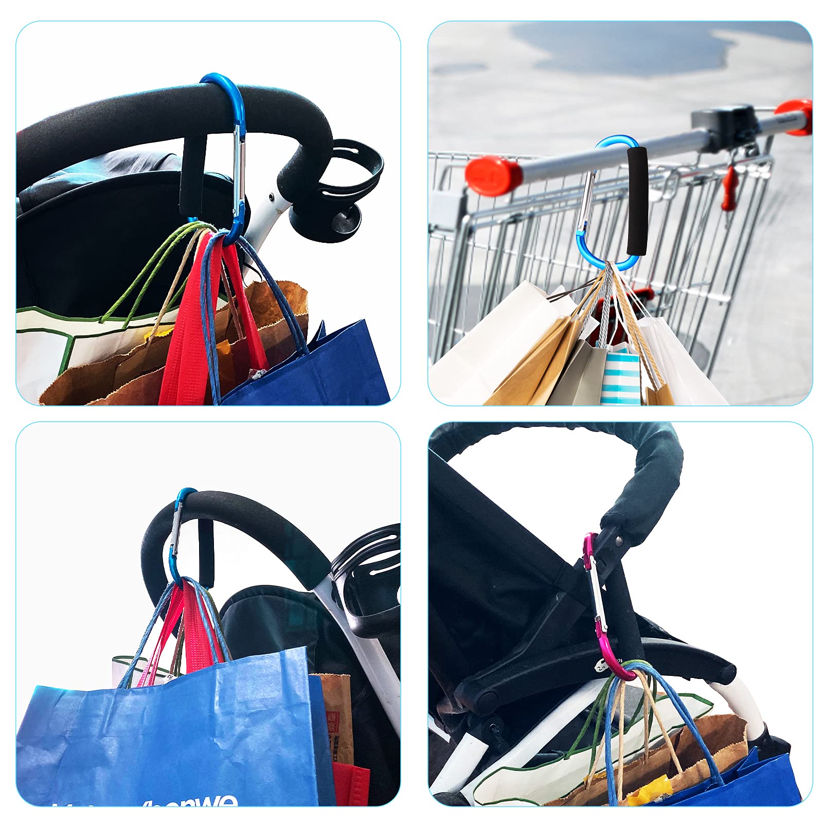 Sansheng 4 Pack Large Carabiner - 5.5'' D-Style Click And Carry Bag Carrier Stroller Hooks(Light Blue And Rose Red)