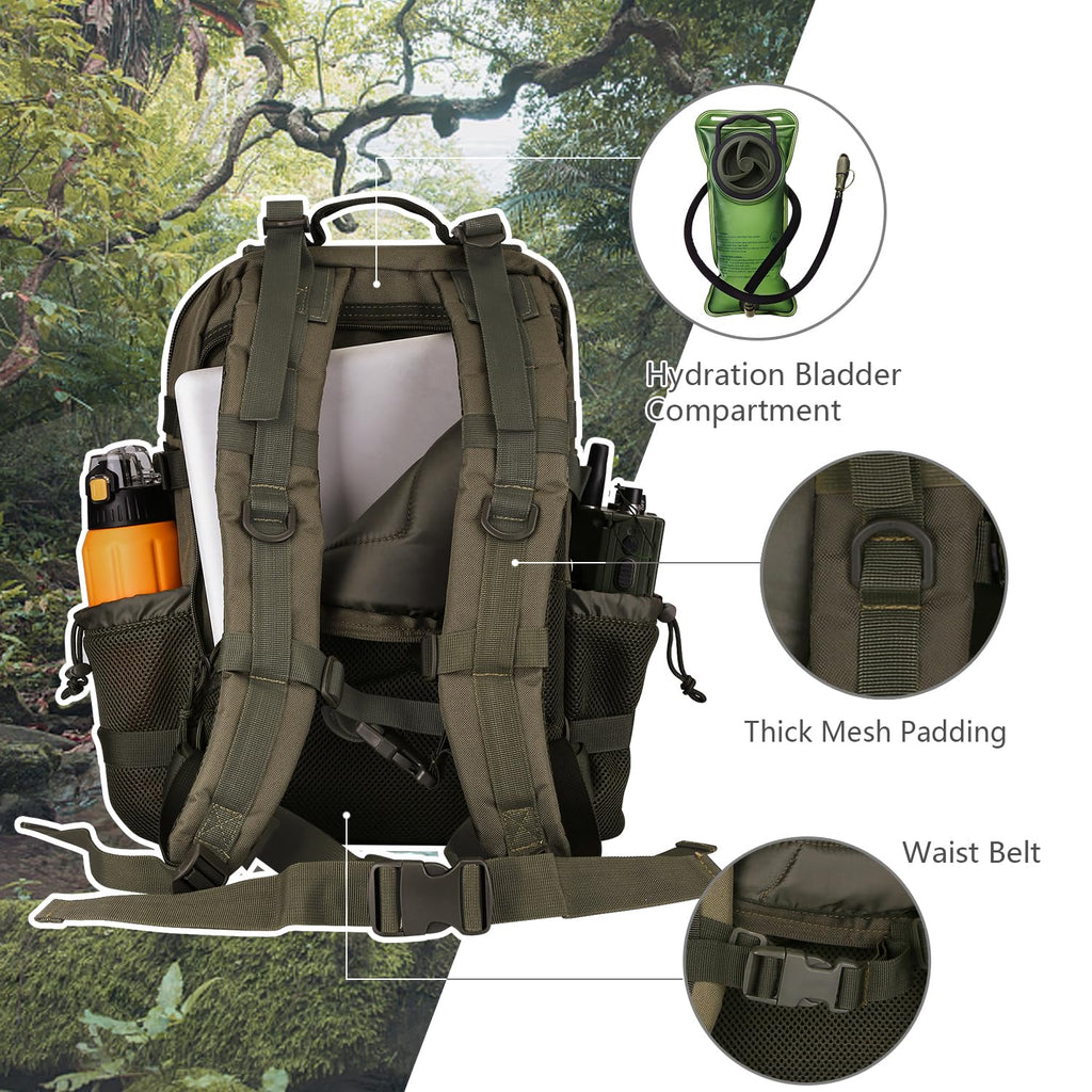 Hannibal Tactical 30L Molle Assault Pack, Tactical Backpack Military Army Camping Rucksack With Bottle Holder, 3-Day Pack, Olive