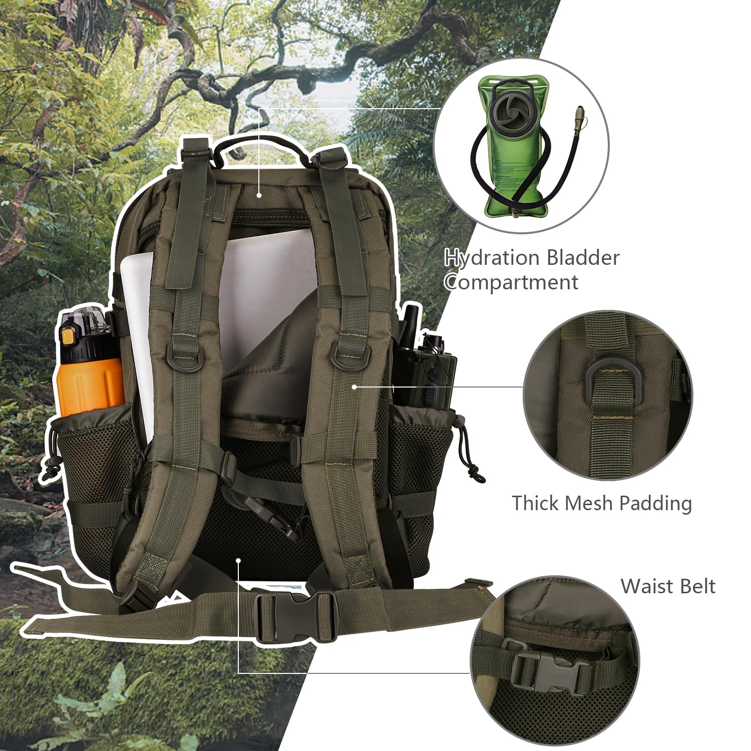 Hannibal Tactical 30L Molle Assault Pack, Tactical Backpack Military Army Camping Rucksack With Bottle Holder, 3-Day Pack, Olive