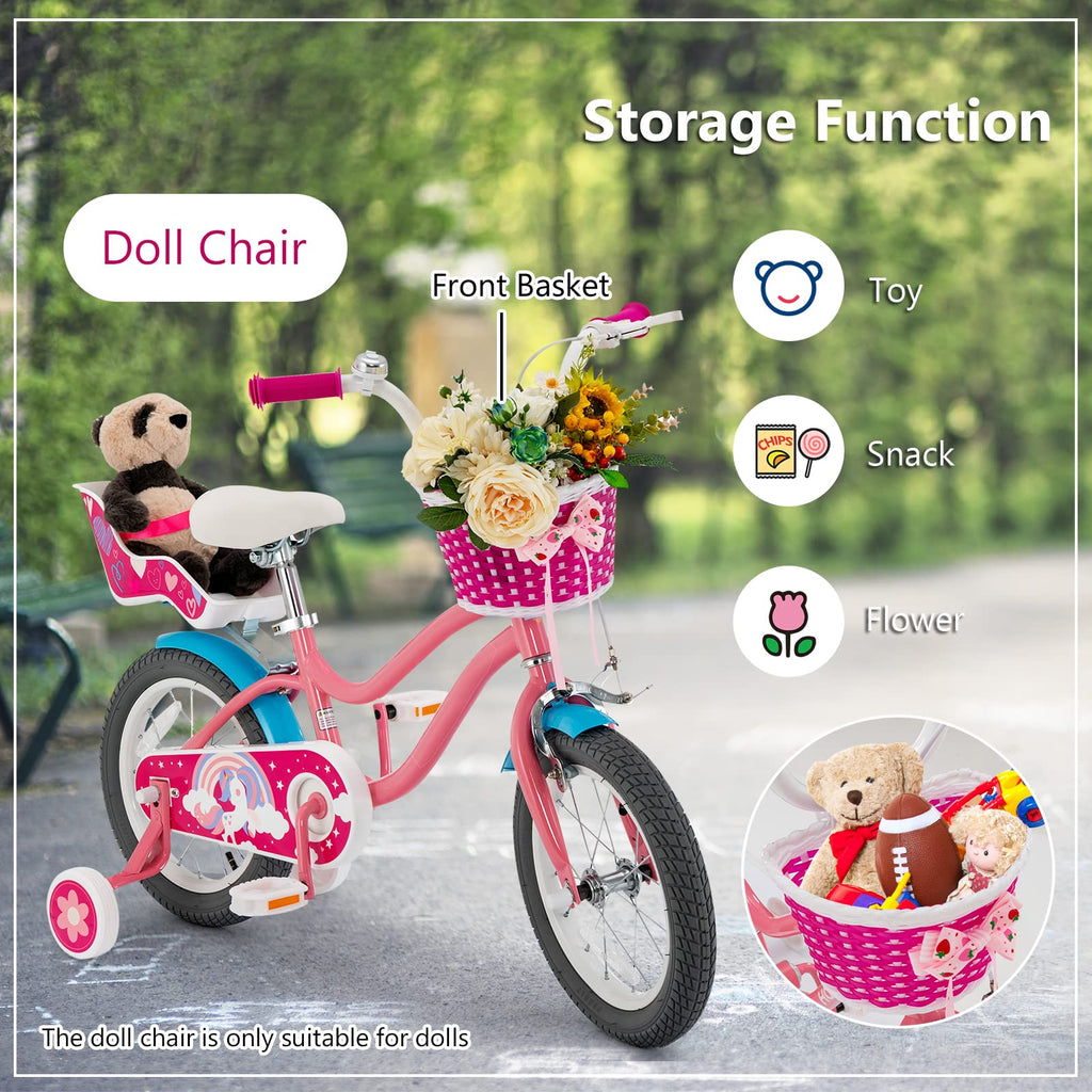 Gymax Kids Bike, 14 18 Inch Kids Bicycle With Training Wheels,Front Handbrake, Basket, Ring Bell & Doll Chair, Toddler Bike For