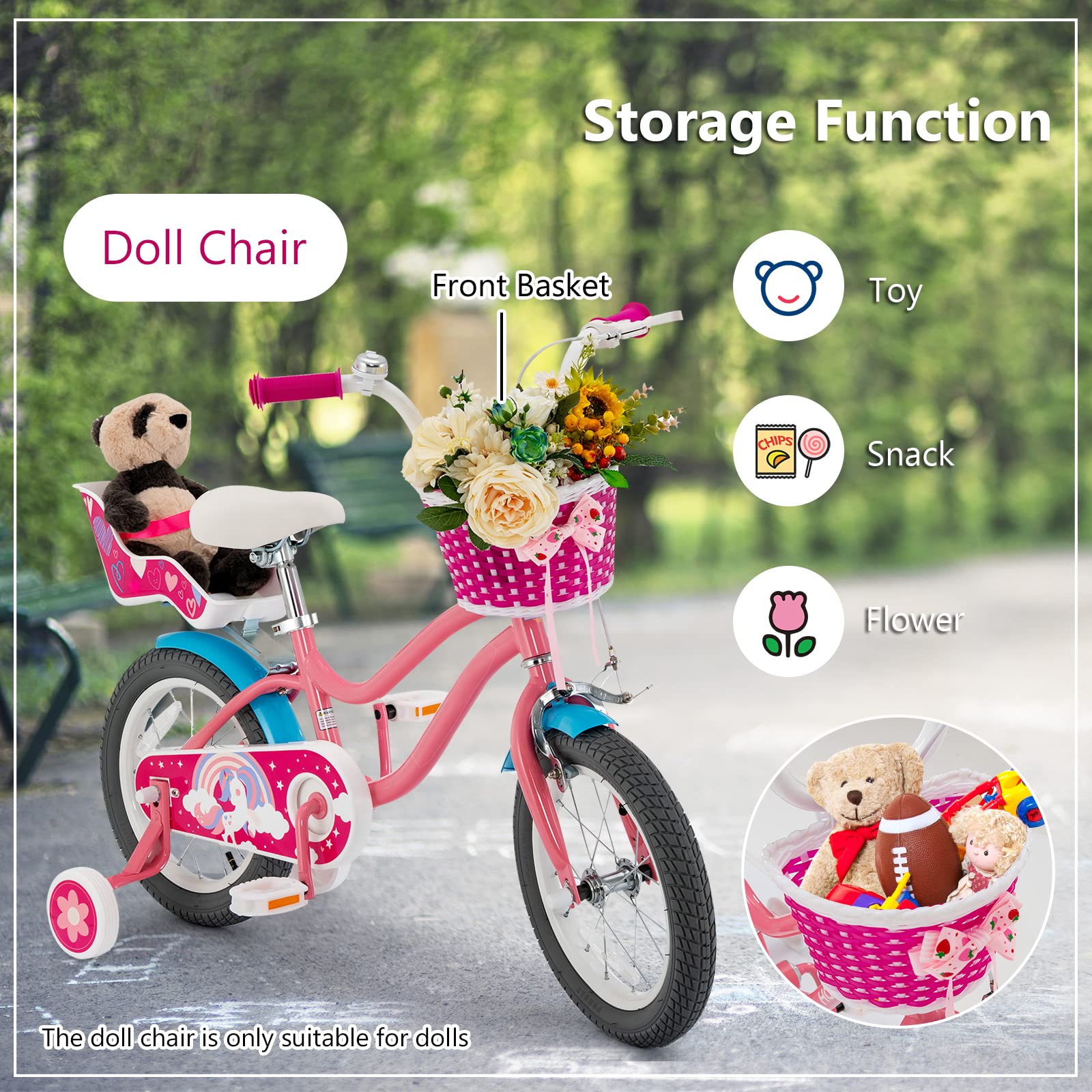 Gymax Kids Bike, 14 18 Inch Kids Bicycle With Training Wheels,Front Handbrake, Basket, Ring Bell & Doll Chair, Toddler Bike For