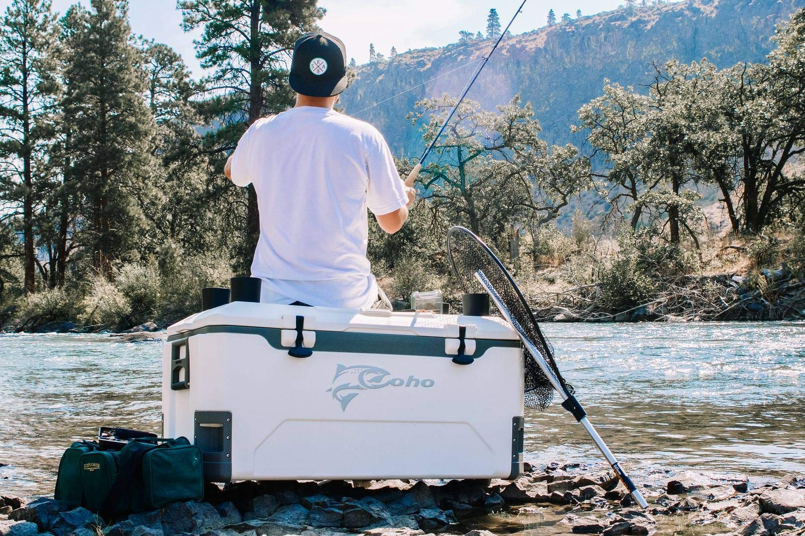 Coho 165Qt Insulated Hard Cooler With Fish Ruler, Removable Cup Holders, Magnetic Disc & Tie-Down Loops, Ice Chest For Camping,