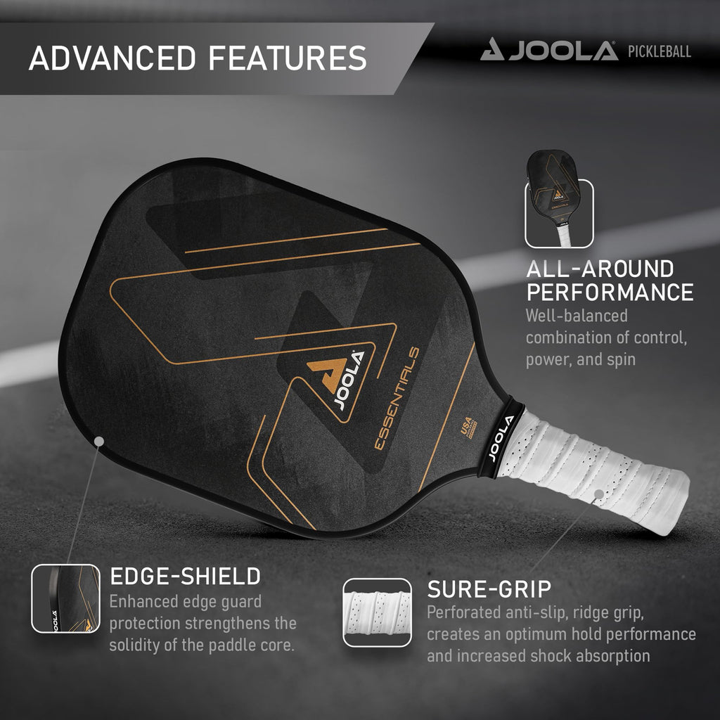 Joola Essentials Performance Pickleball Paddle With Reinforced Fiberglass Surface And Honeycomb Polypropylene Core, Black