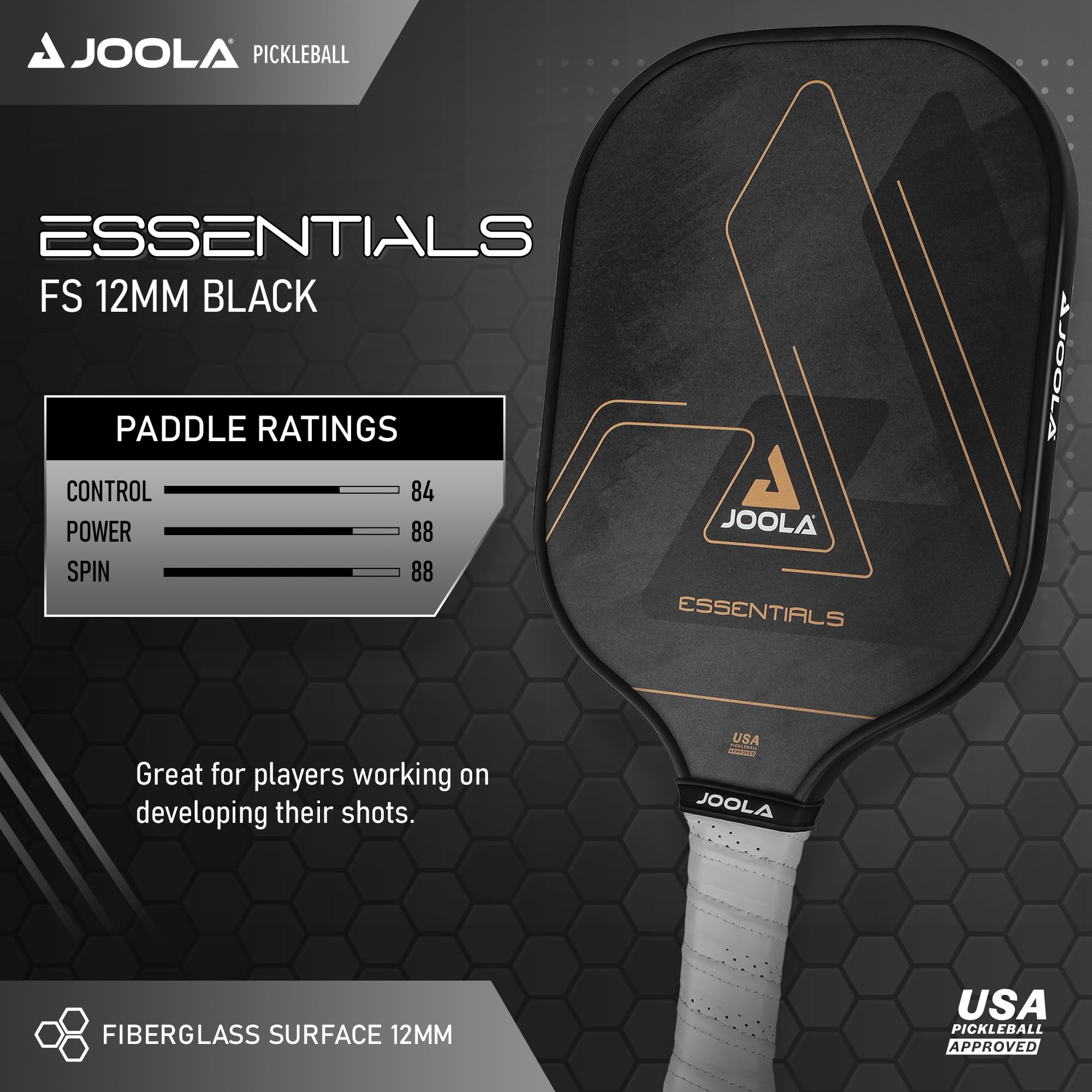 Joola Essentials Performance Pickleball Paddle With Reinforced Fiberglass Surface And Honeycomb Polypropylene Core, Black