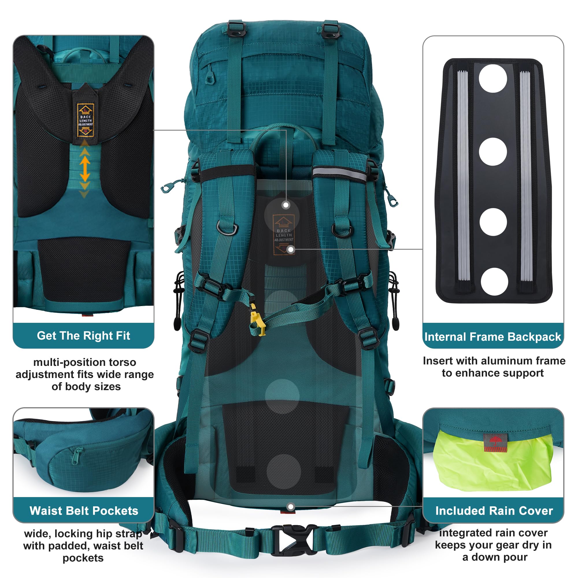 N Nevo Rhino Internal Frame Hiking Backpack 4050606580L, Mountain Climbing Camping Backpack Daypack Waterproof Rain Cover