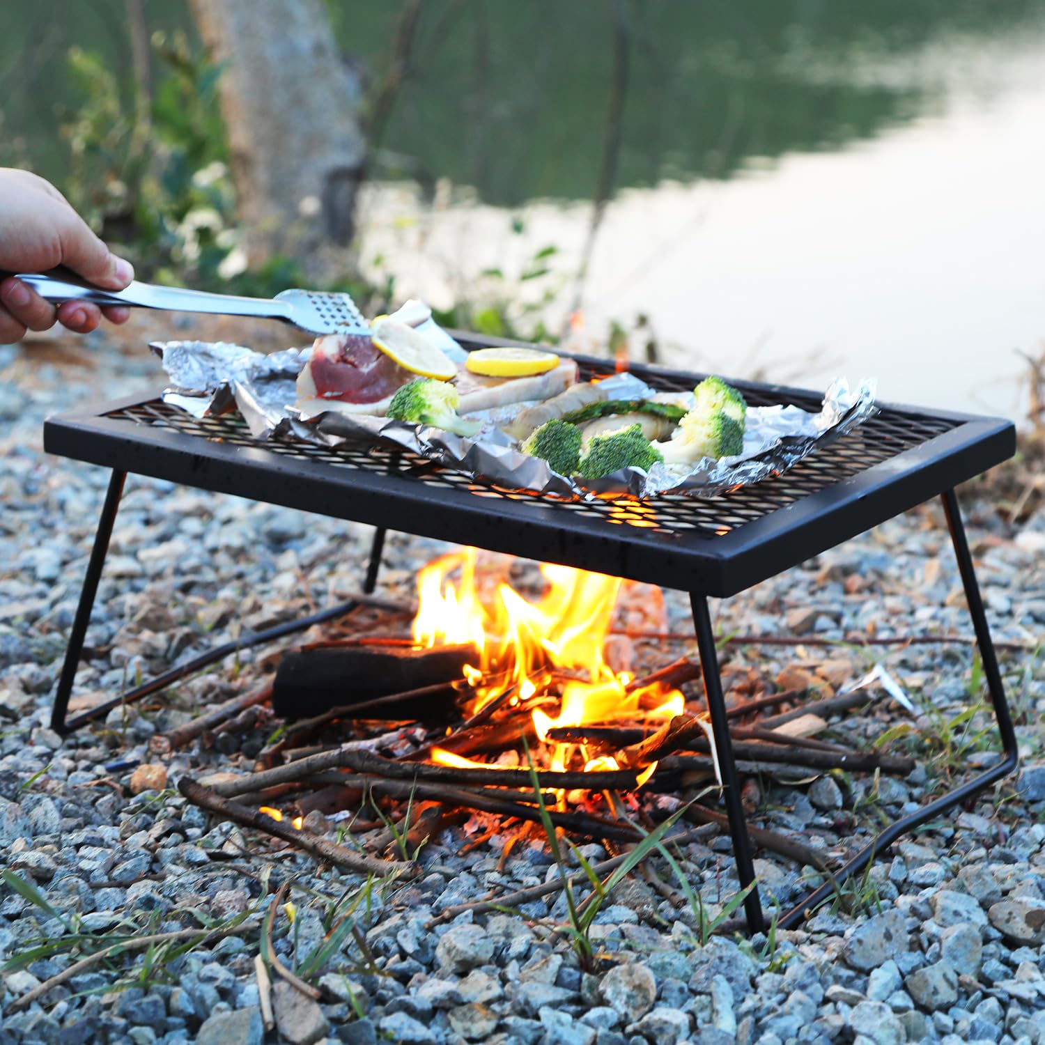 Campmax Folding Campfire Grill Grate, Portable Heavy Duty Steel Over Fire Camp Grill For Outdoor Camping Cooking Fire Pit, Black