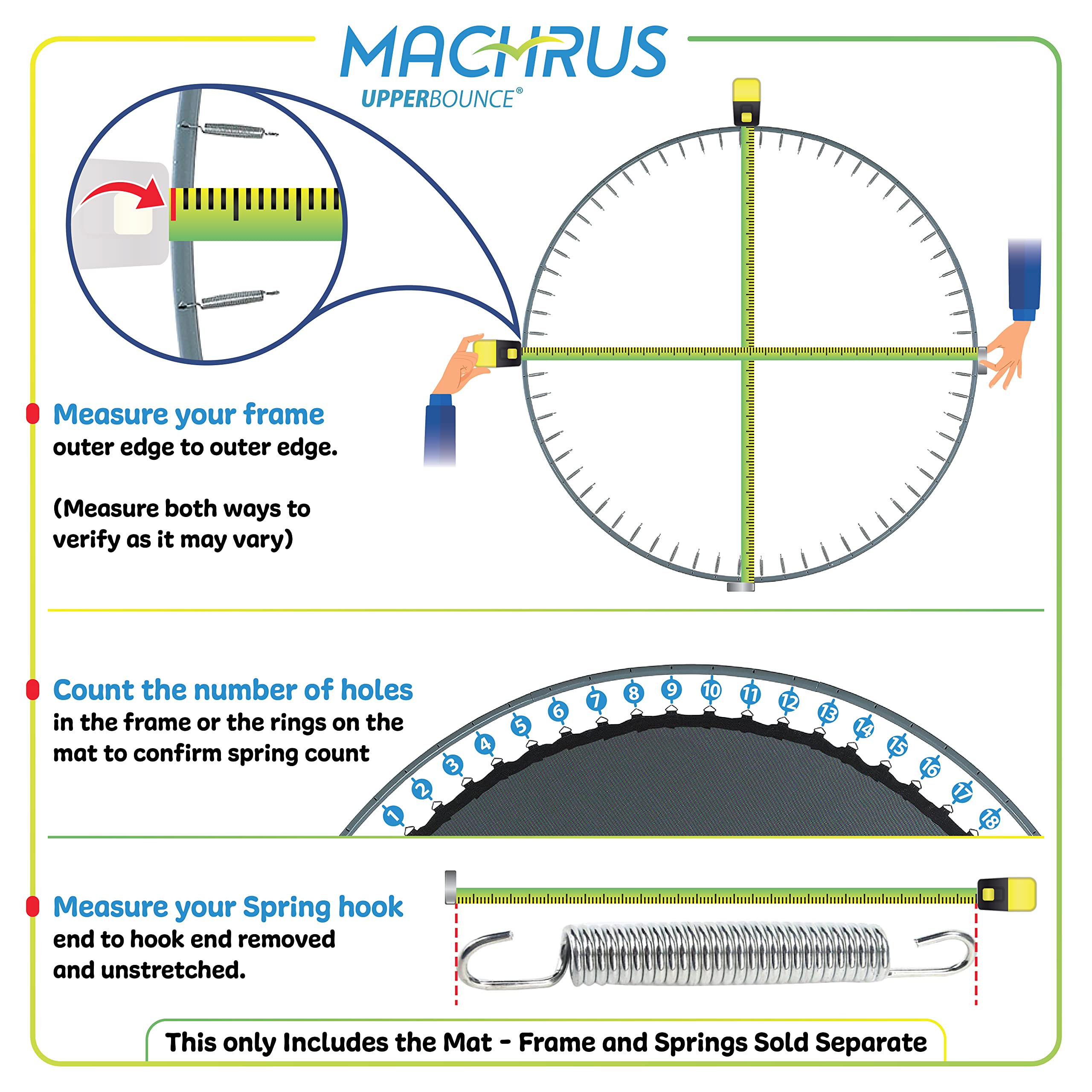 Machrus Upper Bounce Trampoline Replacement Mat 7.5Ft 8Ft 10Ft 11Ft 12Ft 13Ft 14Ft 15Ft 16Ft With V-Rings - Uv & Water Resistant