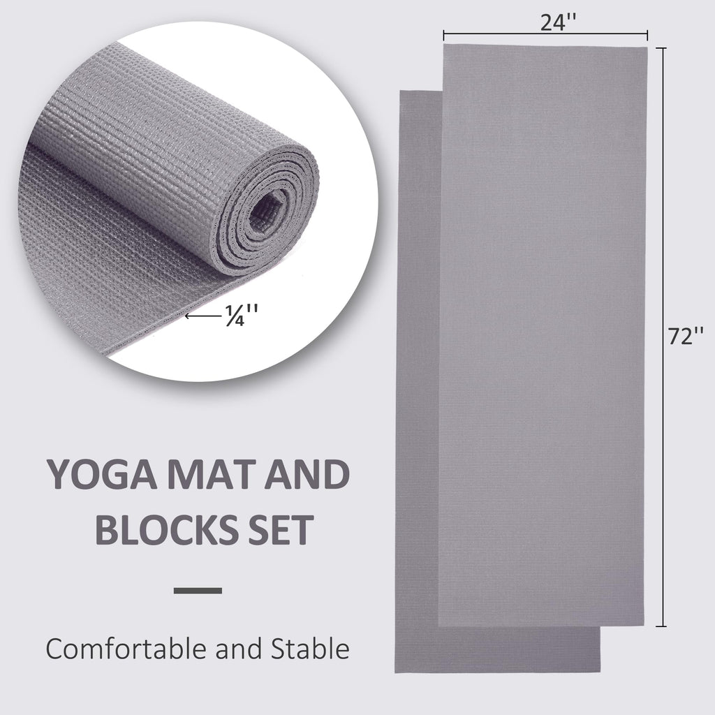 Fitvids All Purpose 1/4-Inch High Density Anti-Tear Exercise Yoga Mat With Carrying Strap And Yoga Blocks, Gray