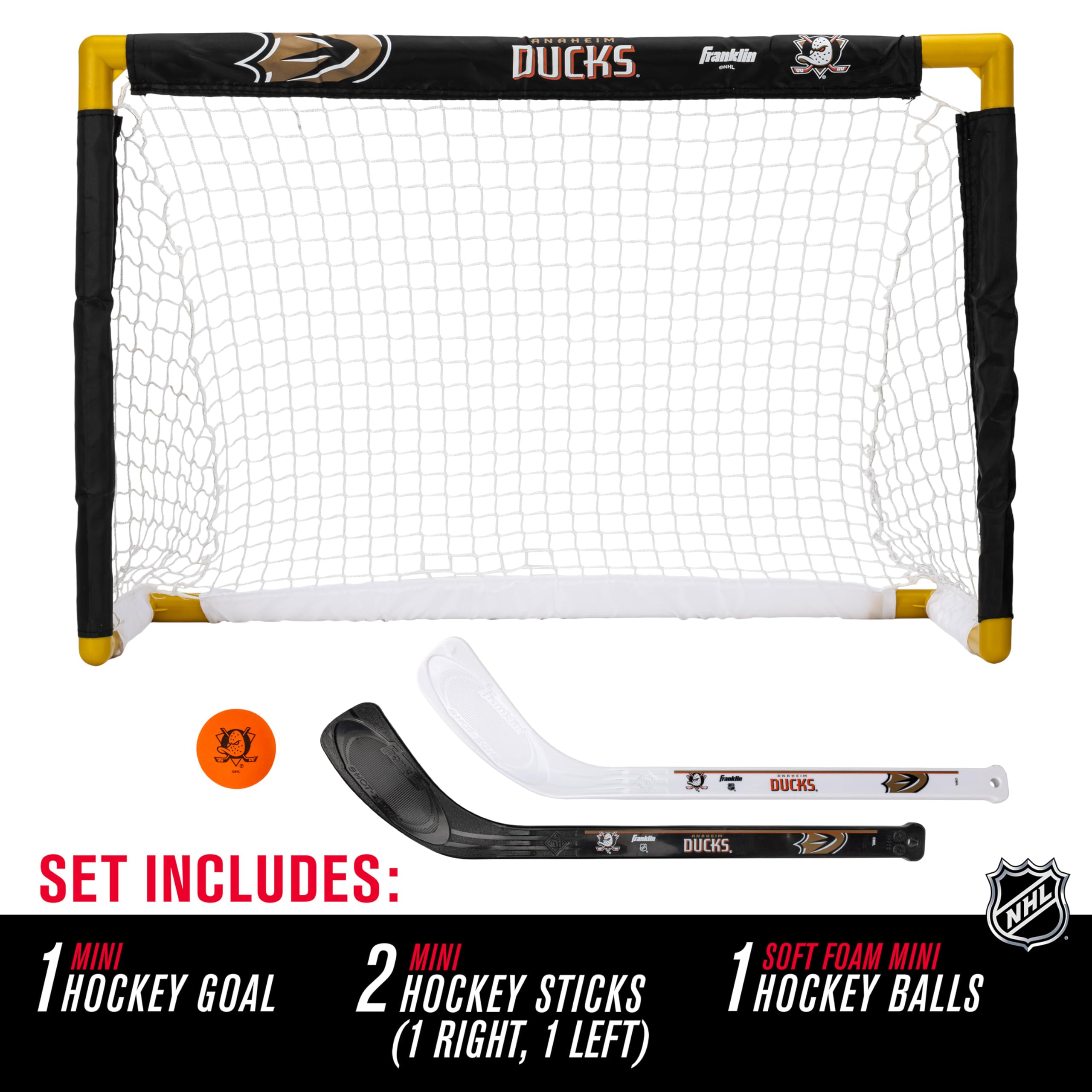 Franklin Sports Nhl Anaheim Ducks Mini Hockey Set - Kids Indoor Knee Hockey Goal, Ball, + 2 Mini Hockey Stick Combo Set - Youth