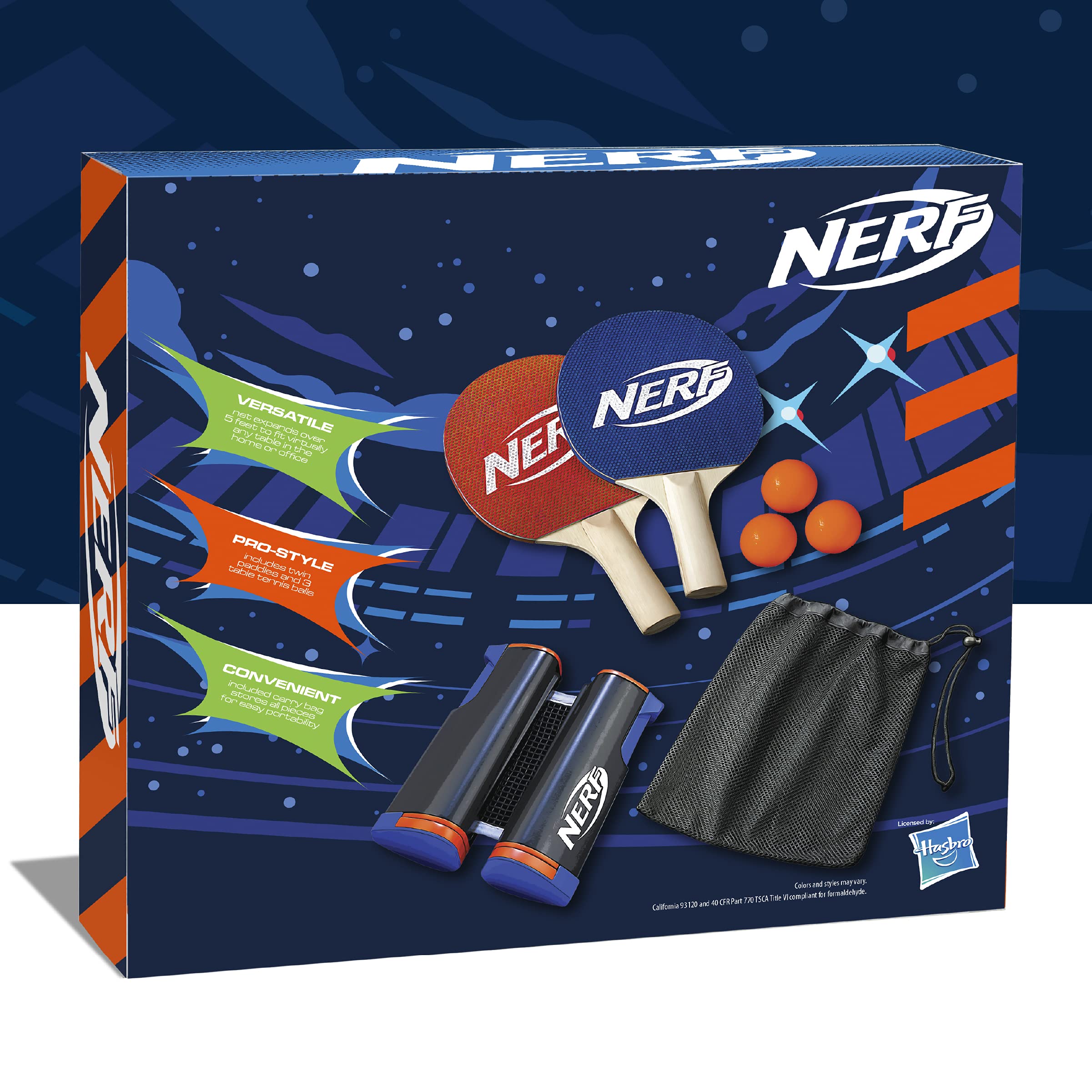 Nerf 7-Piece Retractable Tabletop Tennis Game Set, Play Almost Anywhere With Expandable Net, 2 Paddles And 3 Balls, Includes Con