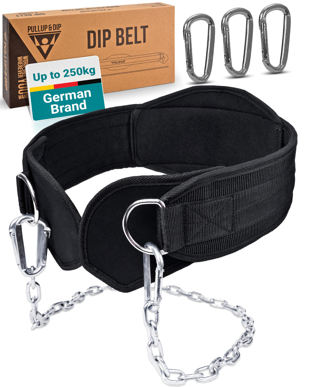 Pullup & Dip Belt With Chain And 3X Carabiner, Dip Belt Incl Neoprene Flaps As Clothing Protection, Weightlifting Belt, Weighted