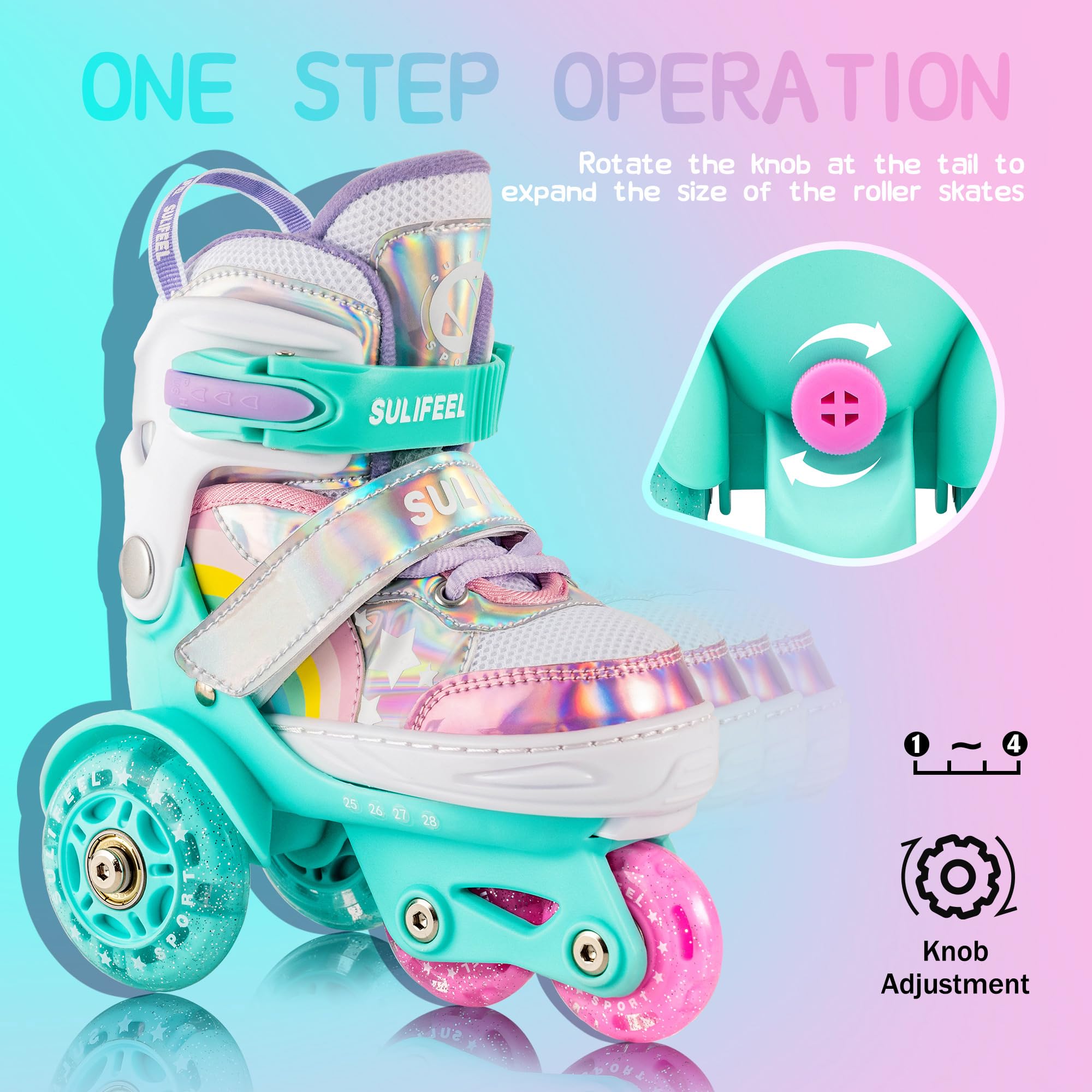 Sulifeel Rainbow Unicorn 4 Size Adjustable Light Up Roller Skates For Girls And Boys For Toddler Green X-Small