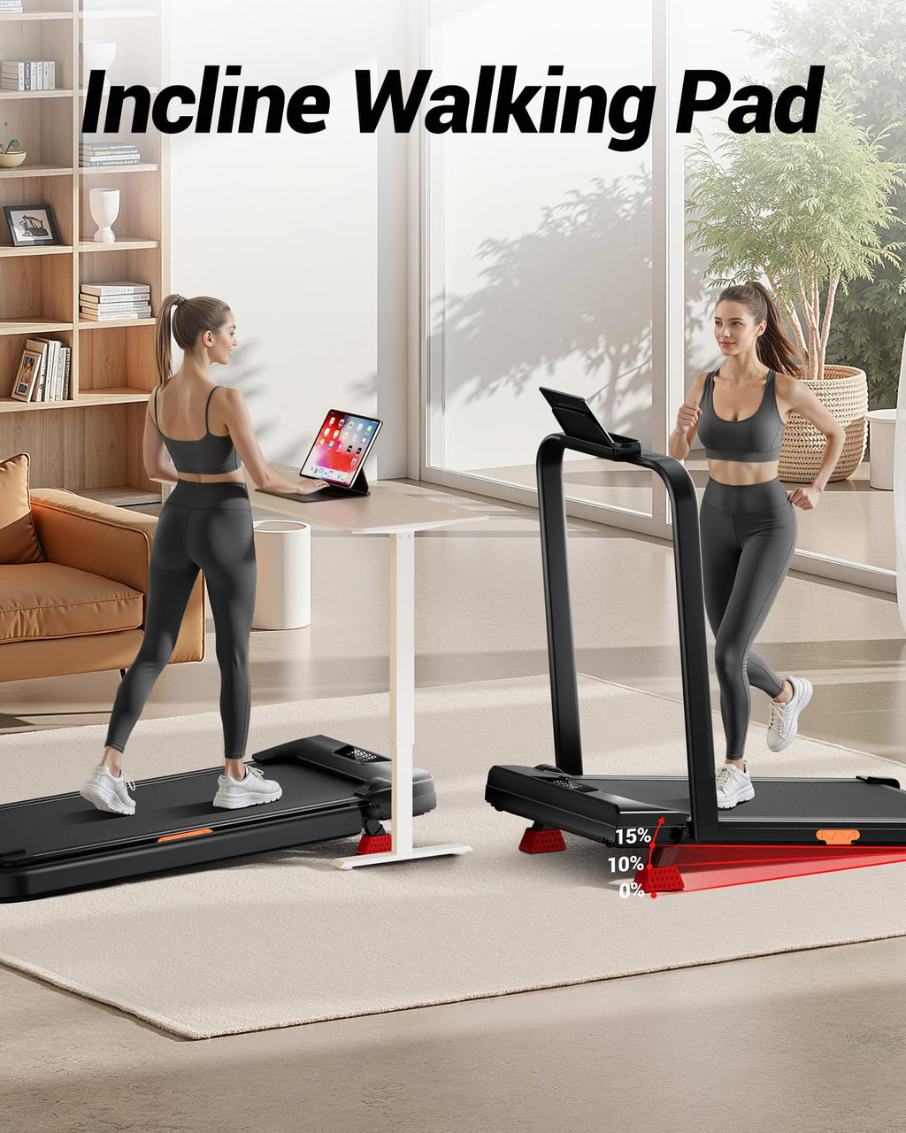 15% Incline Walking Pad Treadmills for Home and Office, 3-in-1 Folding Treadmill, Portable Under Desk Treadmill with 2.5 HP Quie