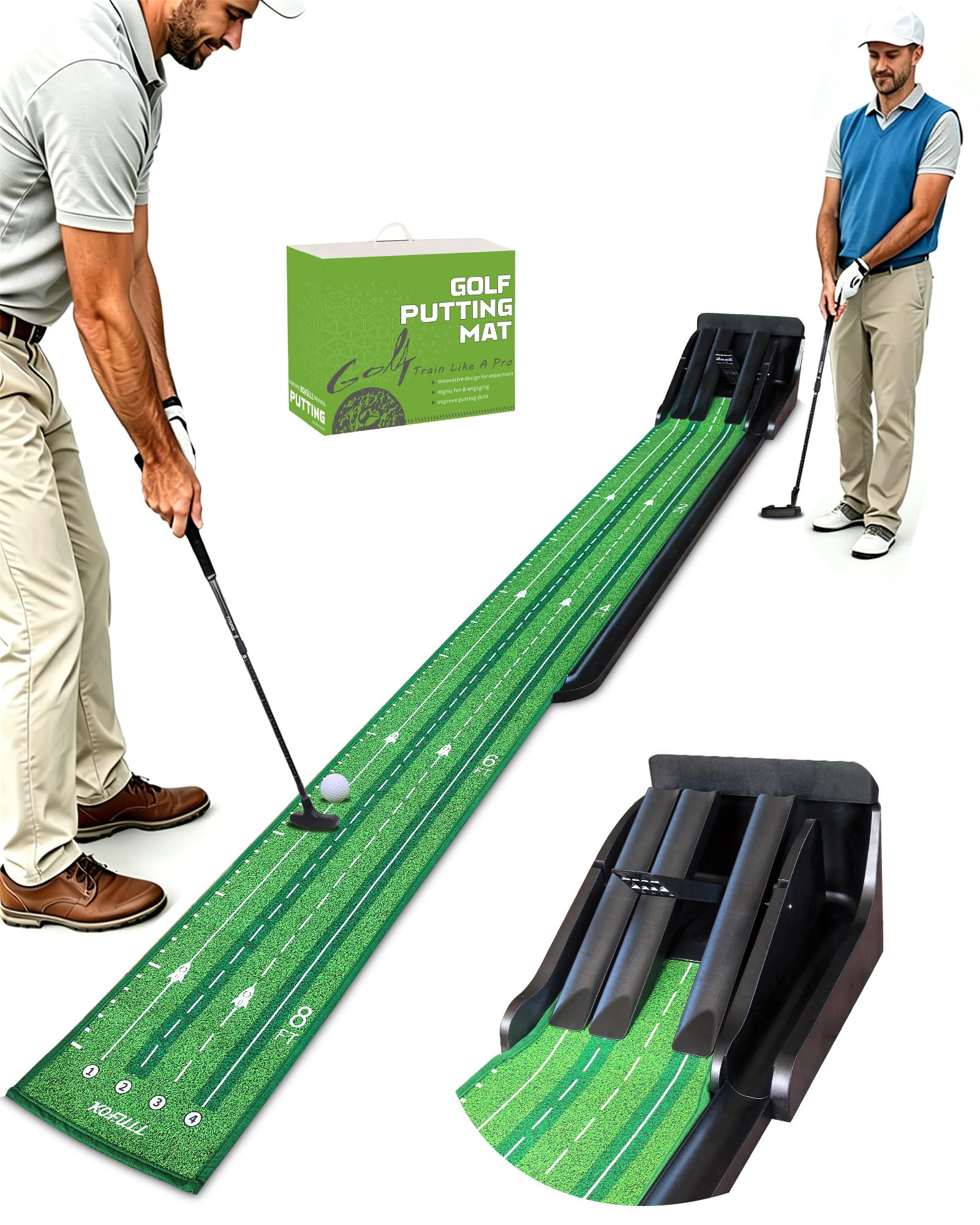 Putting Green Indoor - Practice Uphill Putts, Golf Putting Mat with Auto Ball Return, Golf Training Aid for Home, Office, Backya