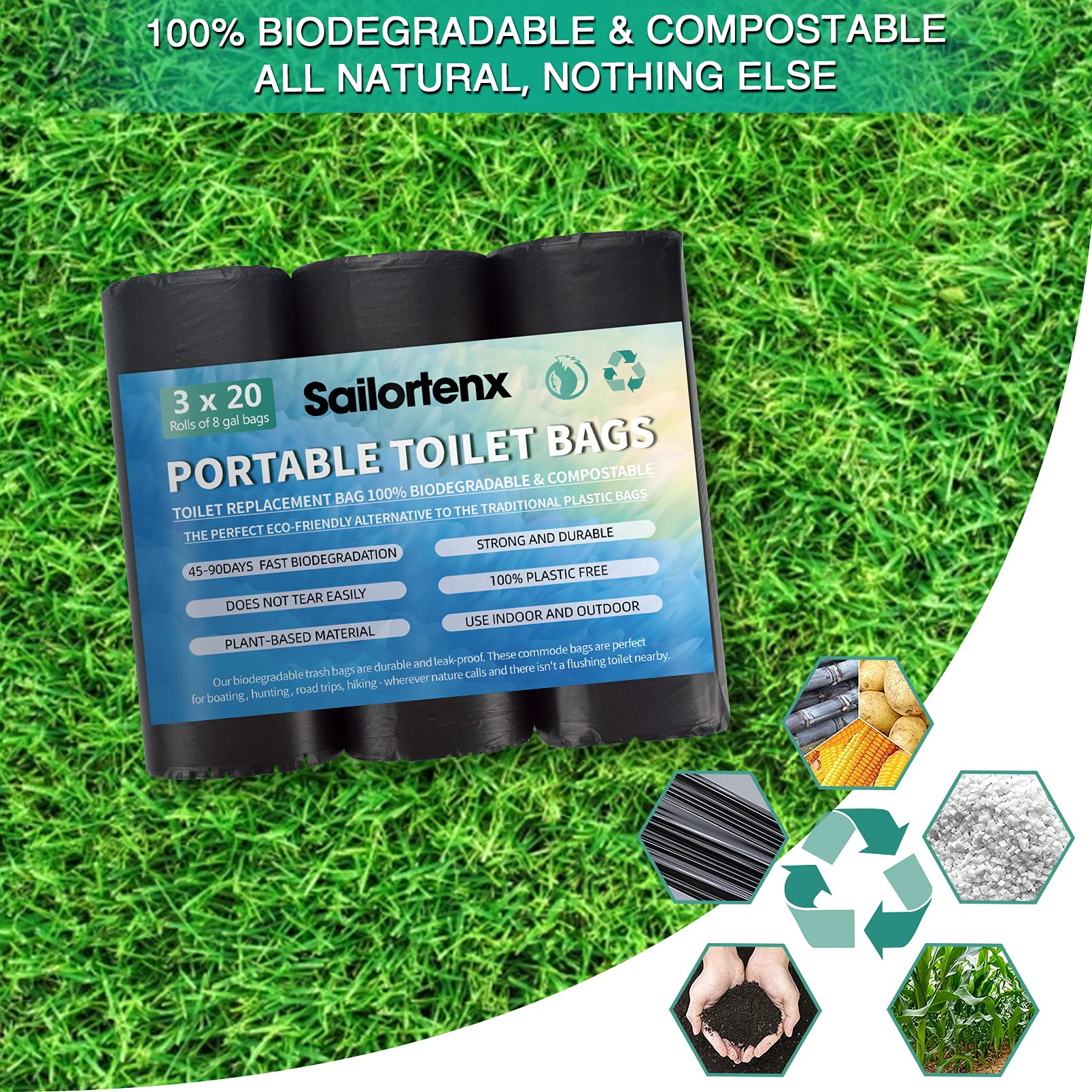 Sailortenx 60 Portable Toilet Bags 100% Compostable 8 Gallon Camping Toilet Bags Use With 5 Gallon Bucket Toilet Waste Bags, Dis