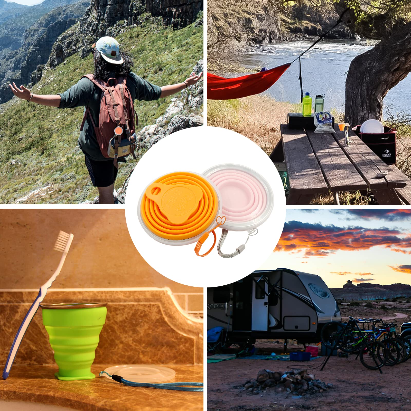 Litoexpe 2 Pack Silicone Collapsible Travel Cup Portable Folding Camping Cup Sets With Lids, Pink & Orange