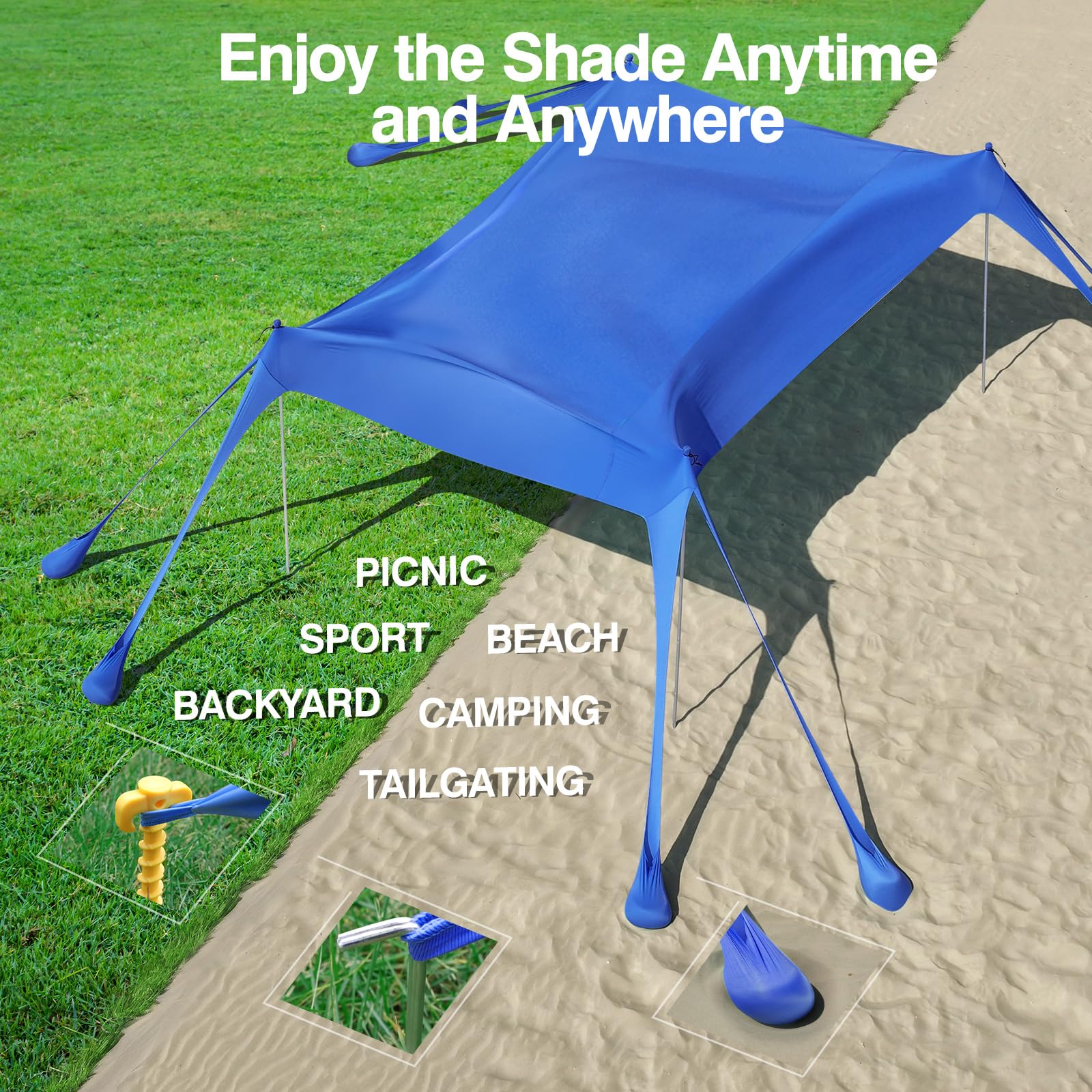Rhino Valley Beach Tent, 10 X 13 Ft Beach Shade Upf50+ Protection, Beach Canopy With 8 Sandbags 4 Stability Poles,Outdoor Beach