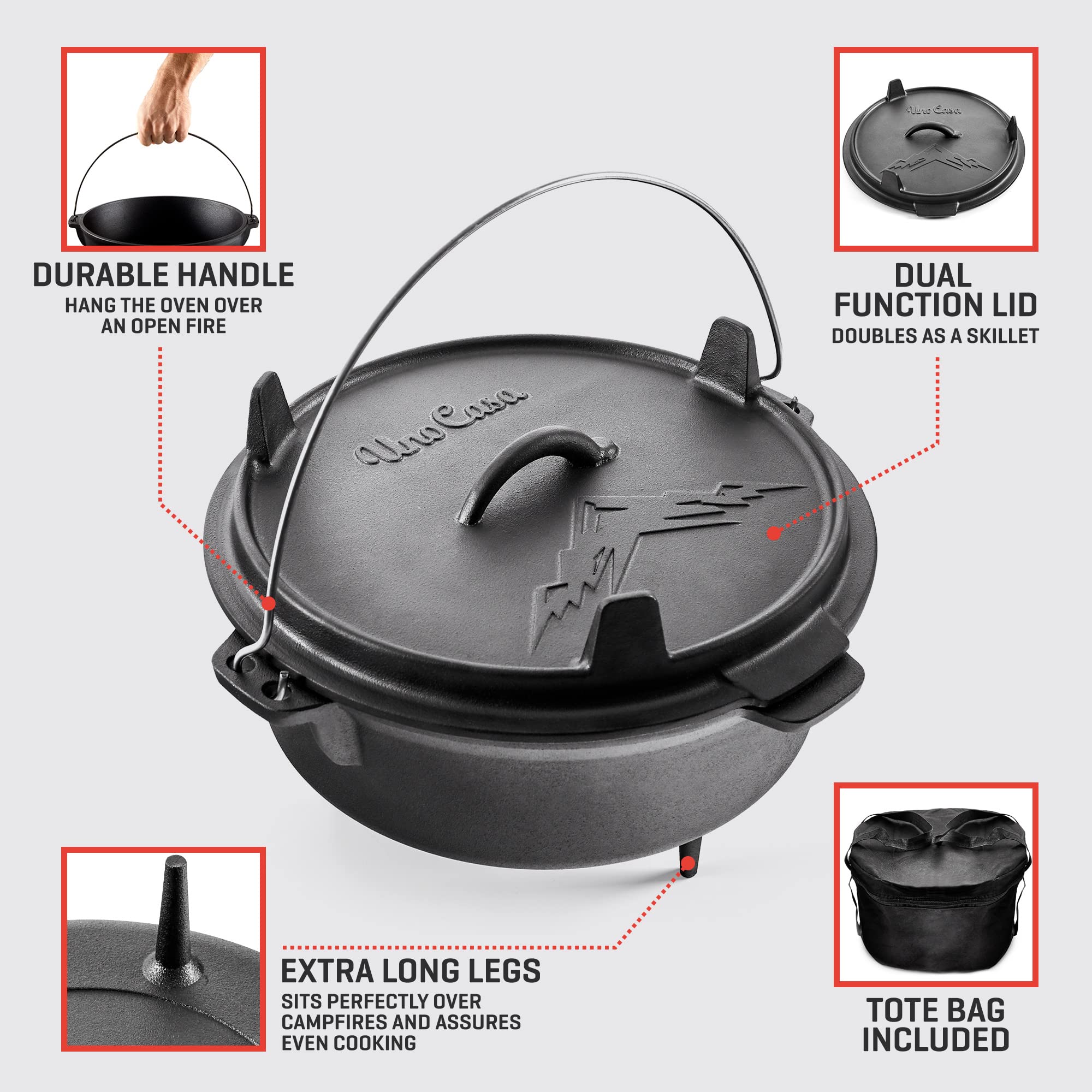 Uno Casa 6Qt Cast Iron Camping Dutch Oven With Lid Lifter And Storage Bag - Cast Iron Dutch Oven Pot With Lid, Cast Iron Camping