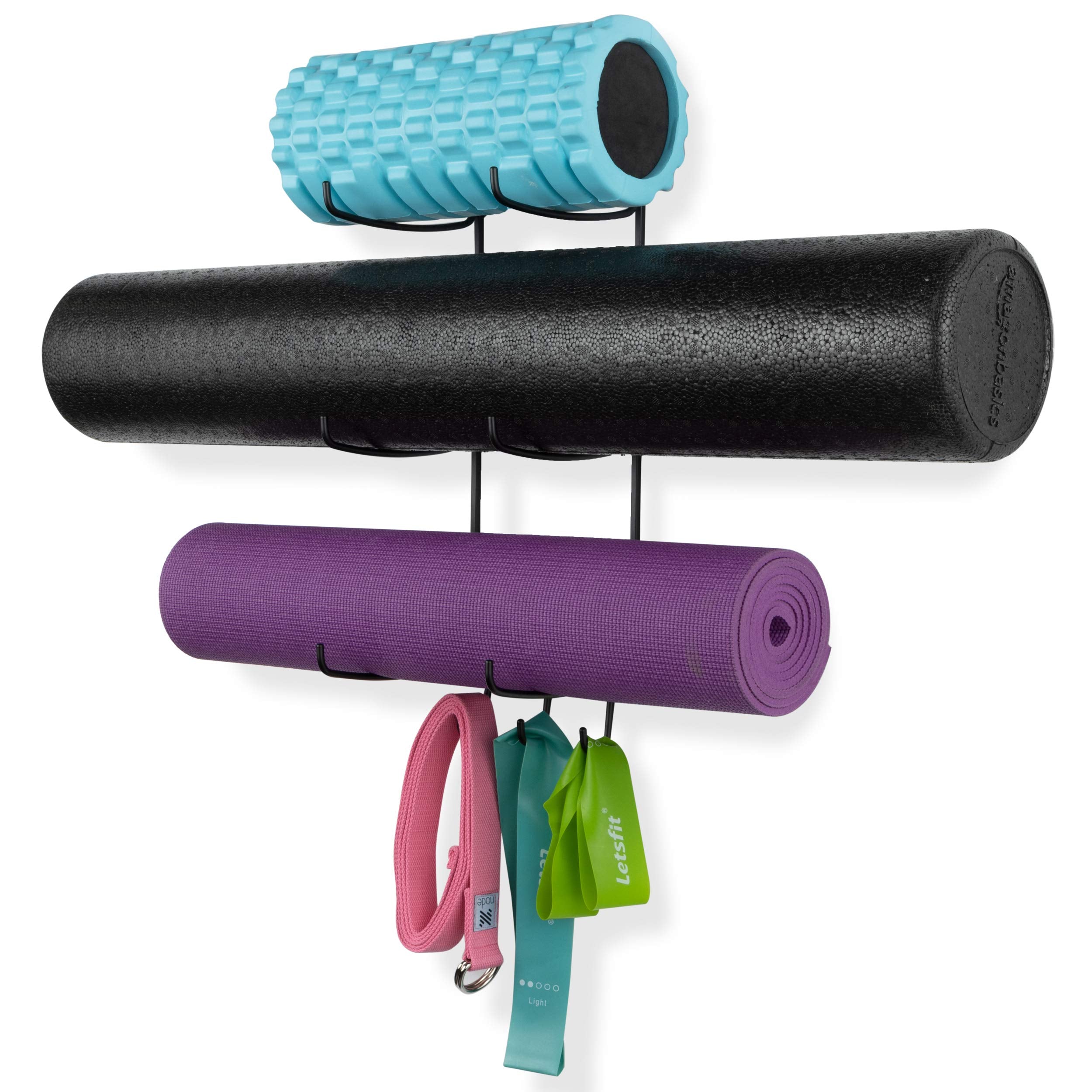 Wallniture Guru Wall Mount Yoga Mat Home Gym Equipment Resistance Bands and Foam Roller Holder with 3 Hooks 3 Sectional Metal Bl