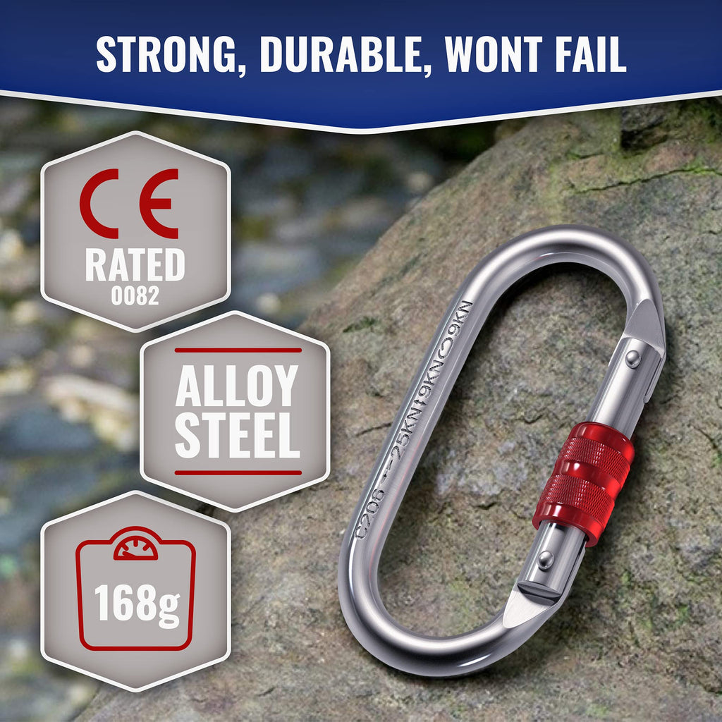 25Kn Climbing Carabiner Clip - Heavy Duty O-Shape Steel Locking Caribeaner - Uiaa / Ce Certified Rock Climbing Gear - Strong Lar