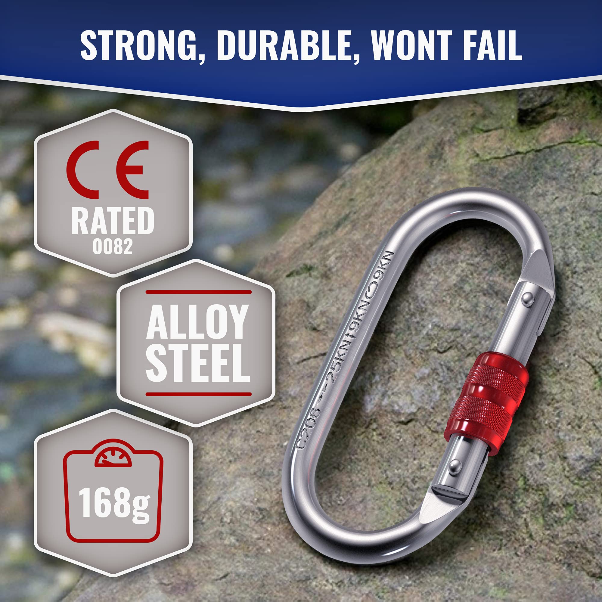 25Kn Climbing Carabiner Clip - Heavy Duty O-Shape Steel Locking Caribeaner - Uiaa / Ce Certified Rock Climbing Gear - Strong Lar