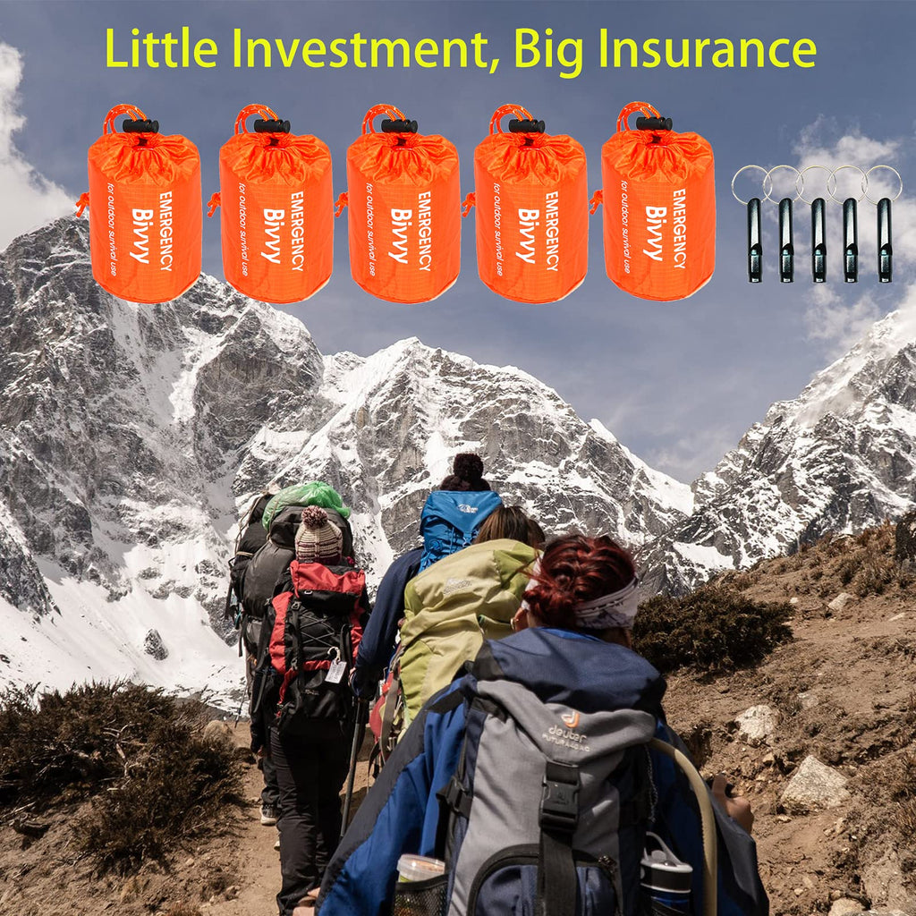 5 Pack Emergency Sleeping Bags Survival Bivvy Sack With Whistles, Lightweight Portable Survival Gear For Outdoor Camping Hiking