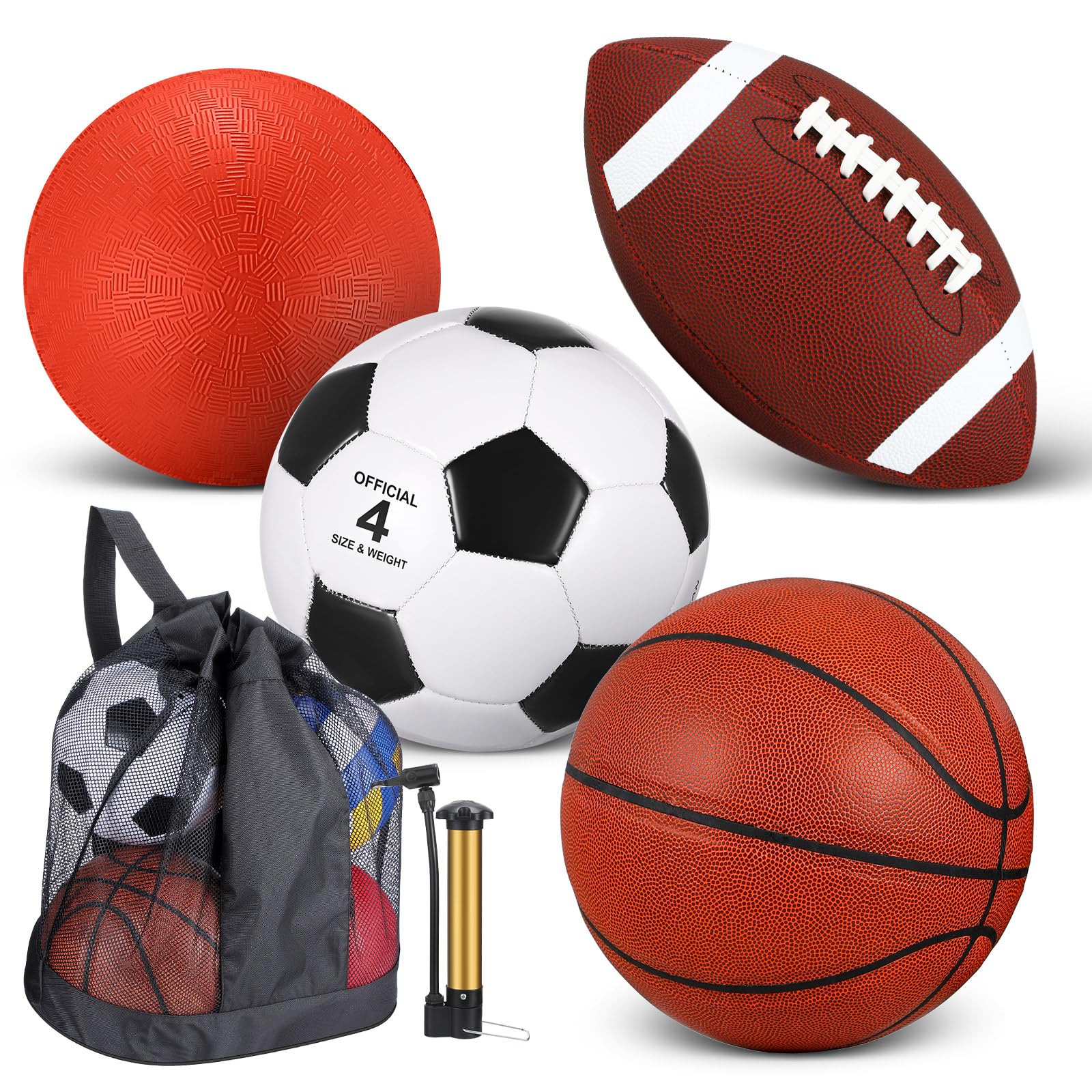 Deekin 4 Pcs Sport Balls Set for Kids Teens, Include Size 5 Basketball 4 Soccer 6 Football Playground Ball and Pump, Sports Bag 