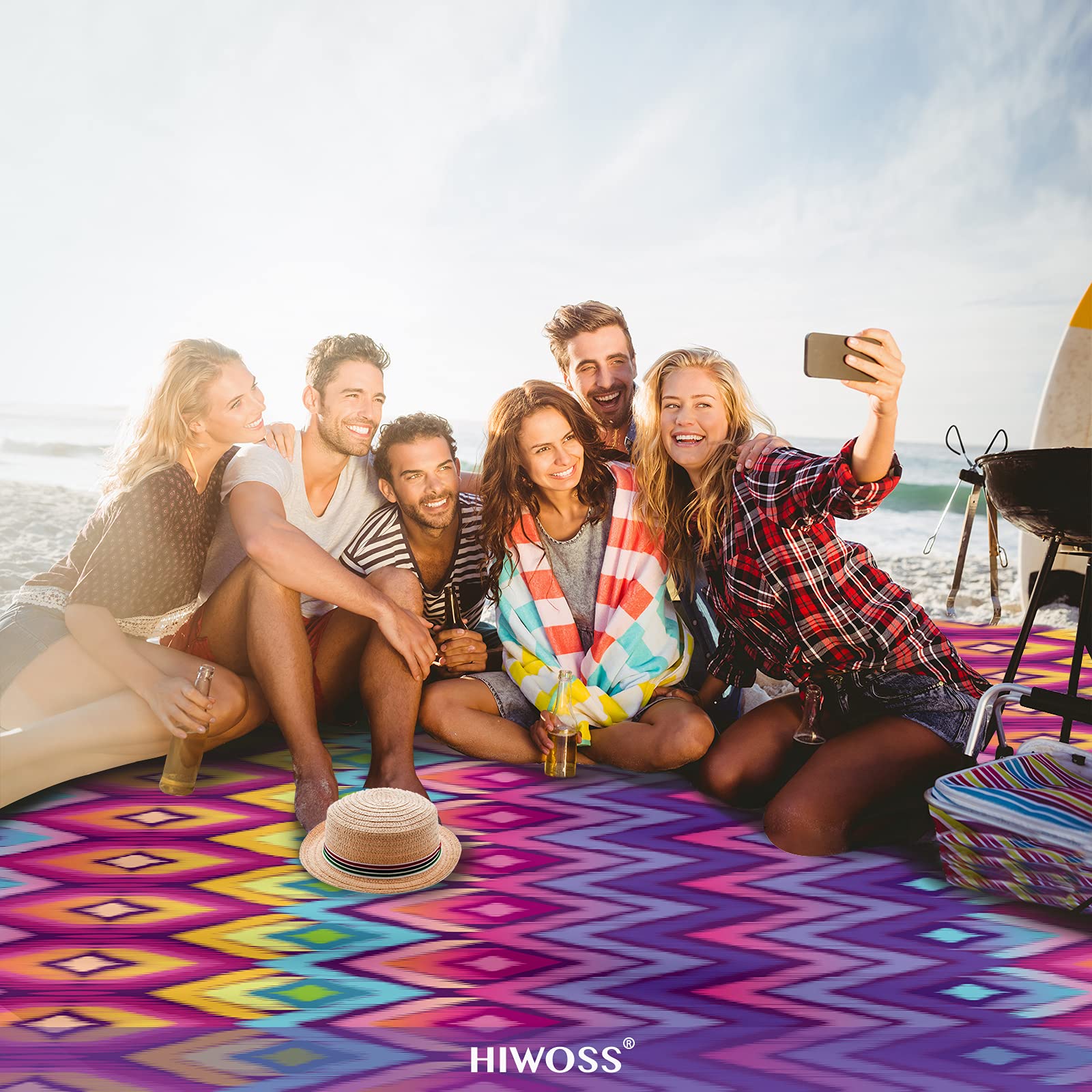 Hiwoss Beach Blanket Waterproof Sandproof Oversized 95   X 80   ,Sand Free Beach Mat With Corner Pockets,Portable Mesh Bag For B