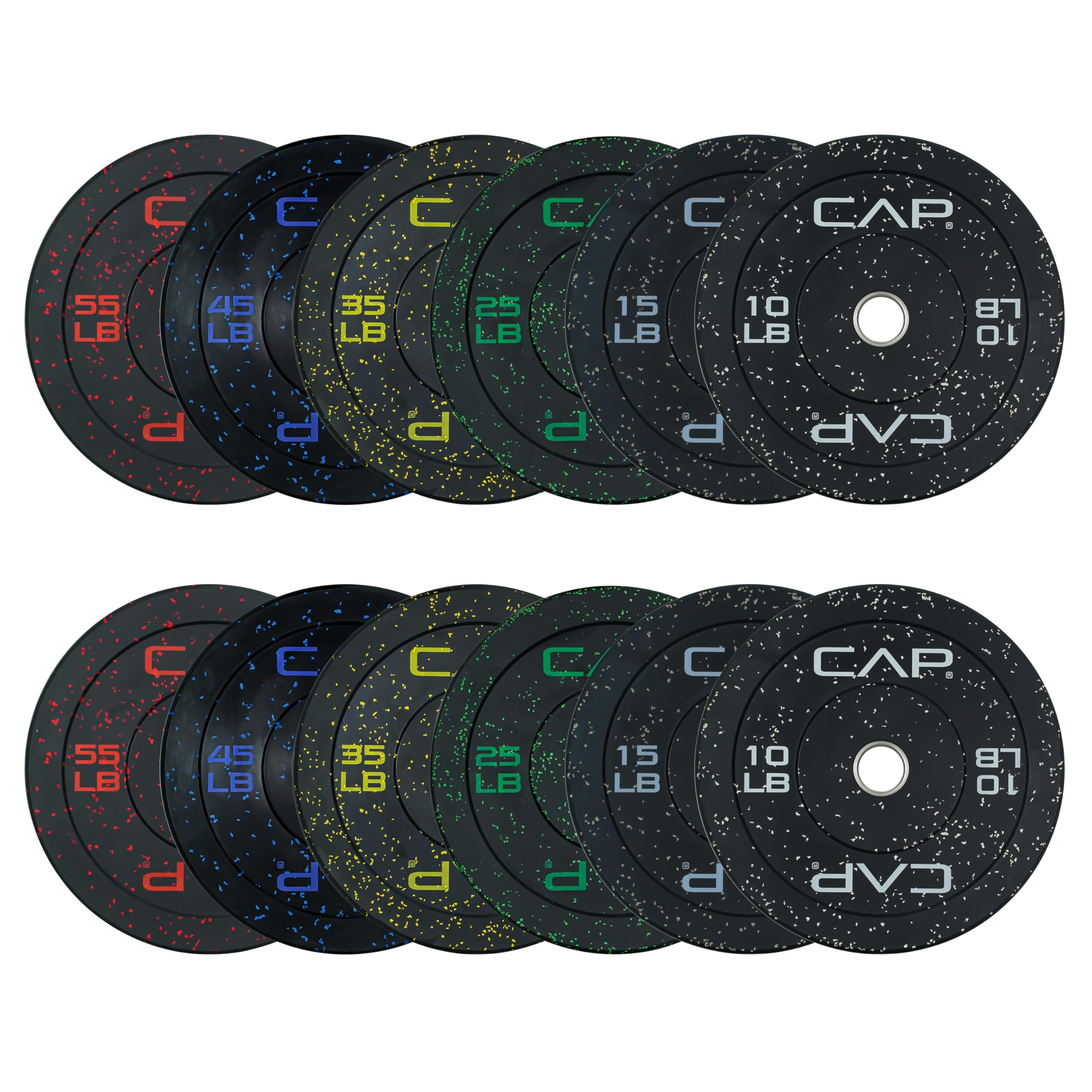 CAP Barbell Economy - Speckled Olympic Bumper Plate Set with Color Logo, Black, 370 lbs Set