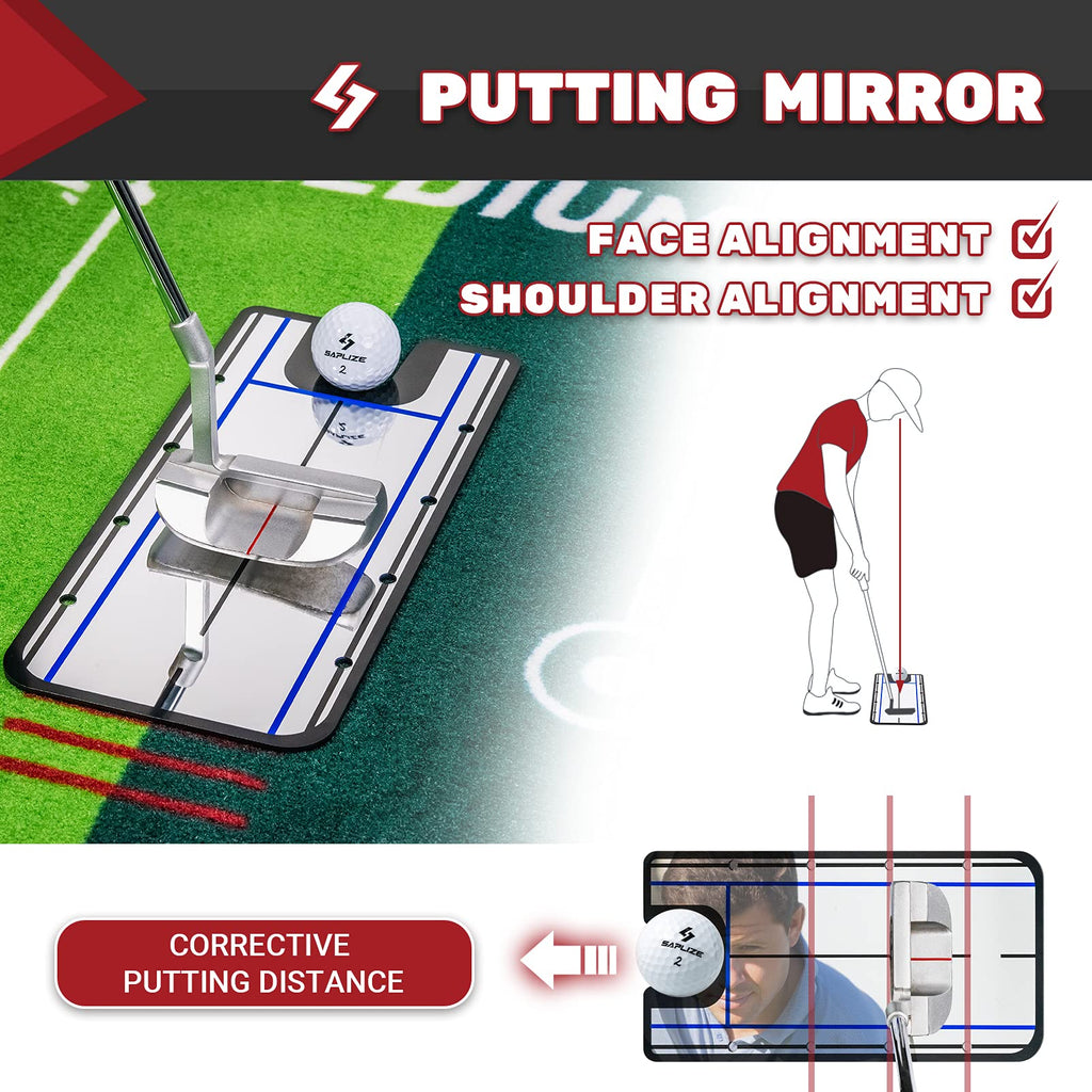 Saplize Two-Speed Golf Putting Practice Mat With Putting Alignment Mirror, 20 In X 10 Ft Putting Training Aid Mat, Anti-Slip Bac