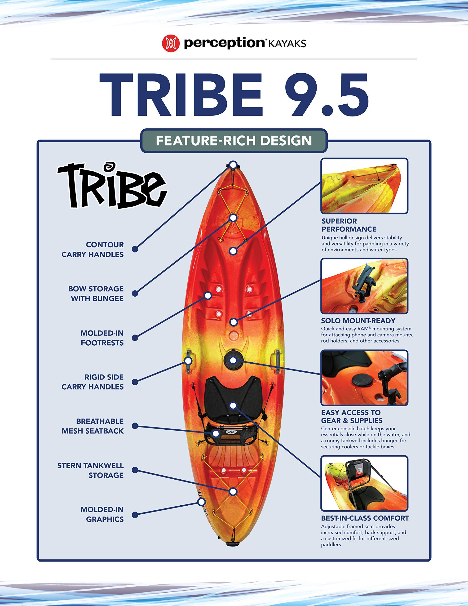 Perception Kayaks Tribe 9.5  Sit On Top Kayak For All-Around Fun  Large Rear Storage With Tie Downs  9 5''