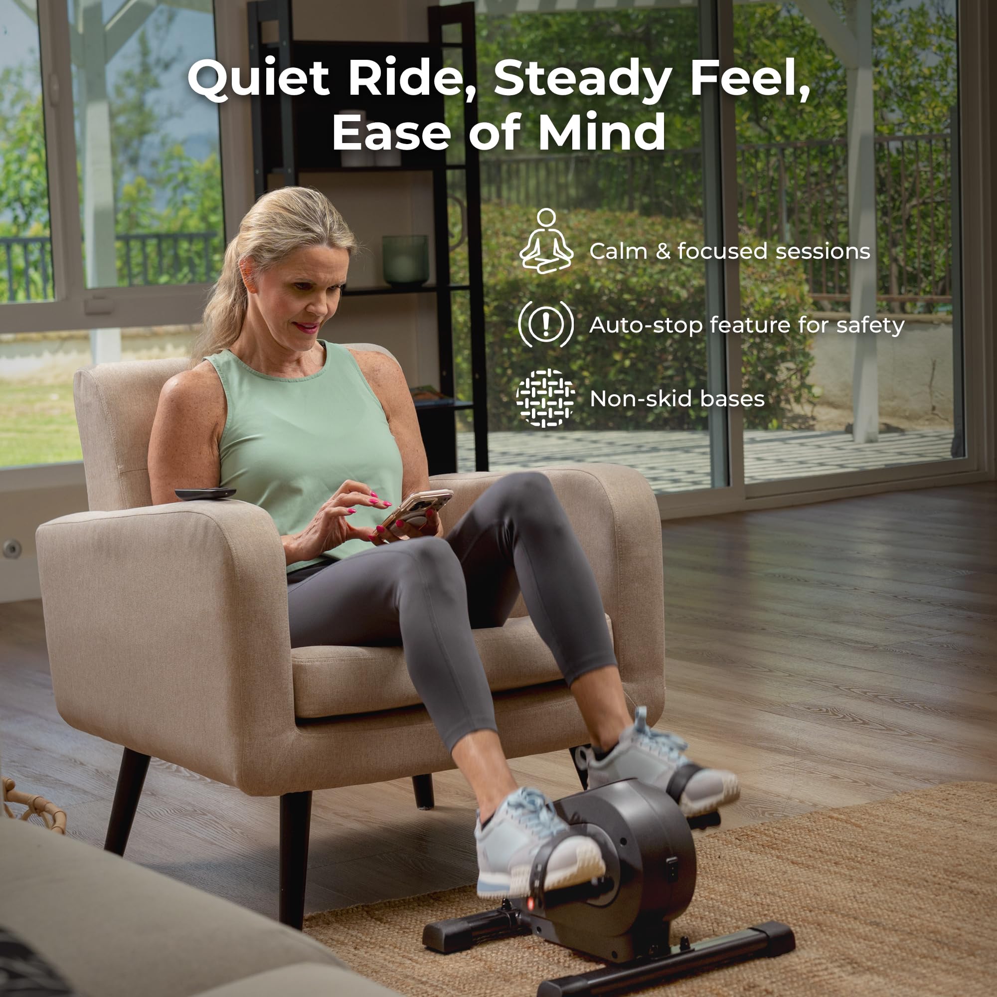 Sunny Health & Fitness Smart Motorized Mini Exercise Bike, Dual Function Portable Under-Desk Pedal Trainer for Low-Impact Cardio