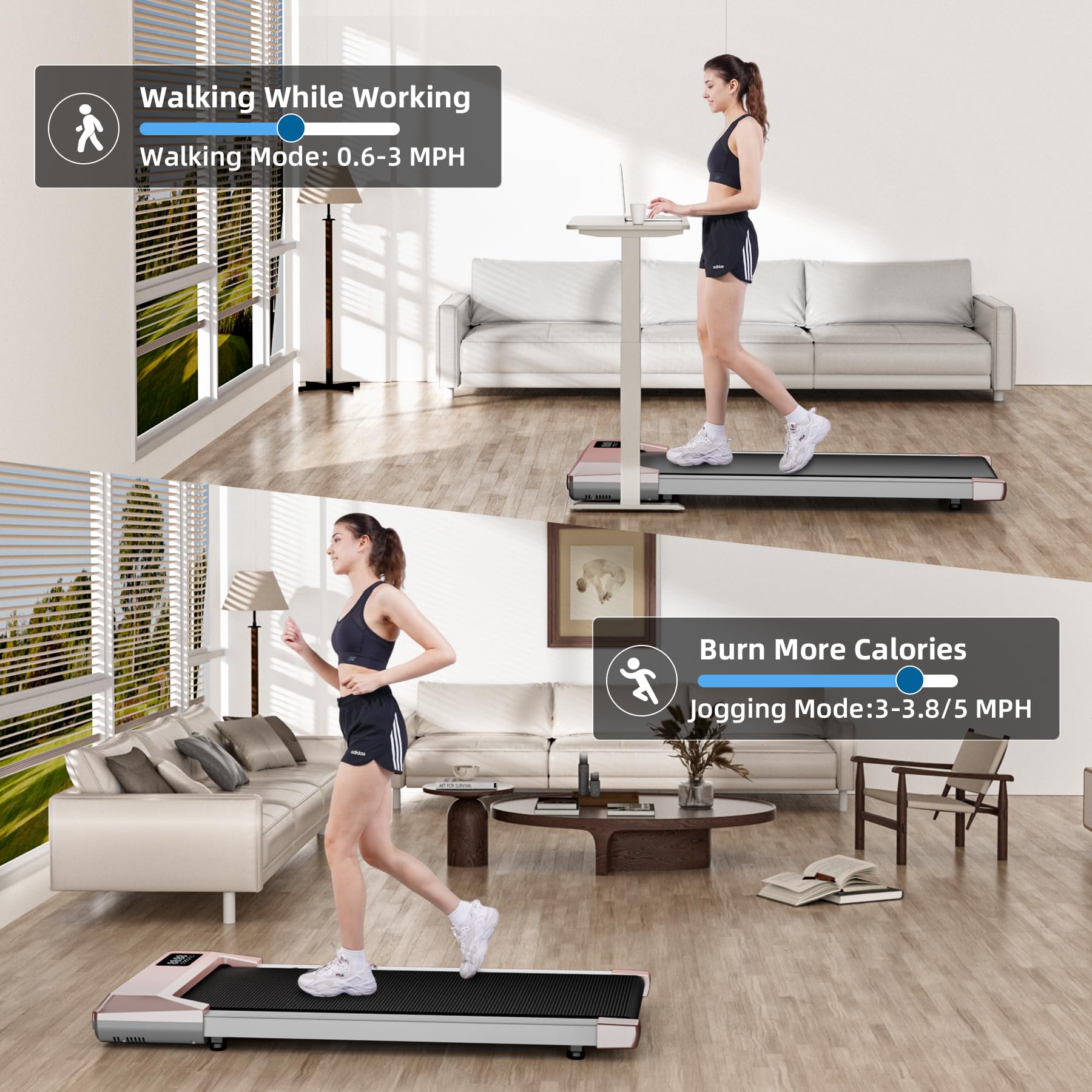 Deerrun Walking Pad With Dumbbell Weight Sets Of 2, Smart App Home Gym Equipment, 2.5Hp Quiet Led Display & Remote Control Porta