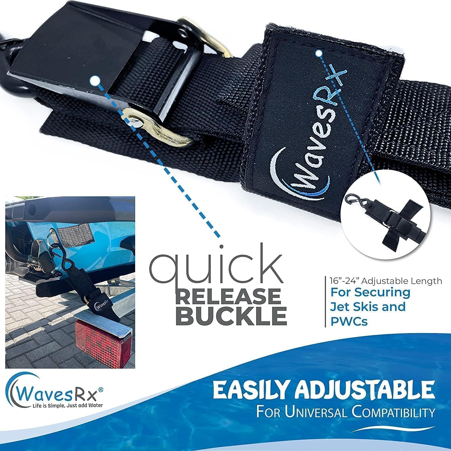 Wavesrx Jet Ski & Pwc Trailer Transom Straps (2Pk)  24'' Marine Tie Downs Adjustable Safety Straps  Outperforms Ratcheting And R