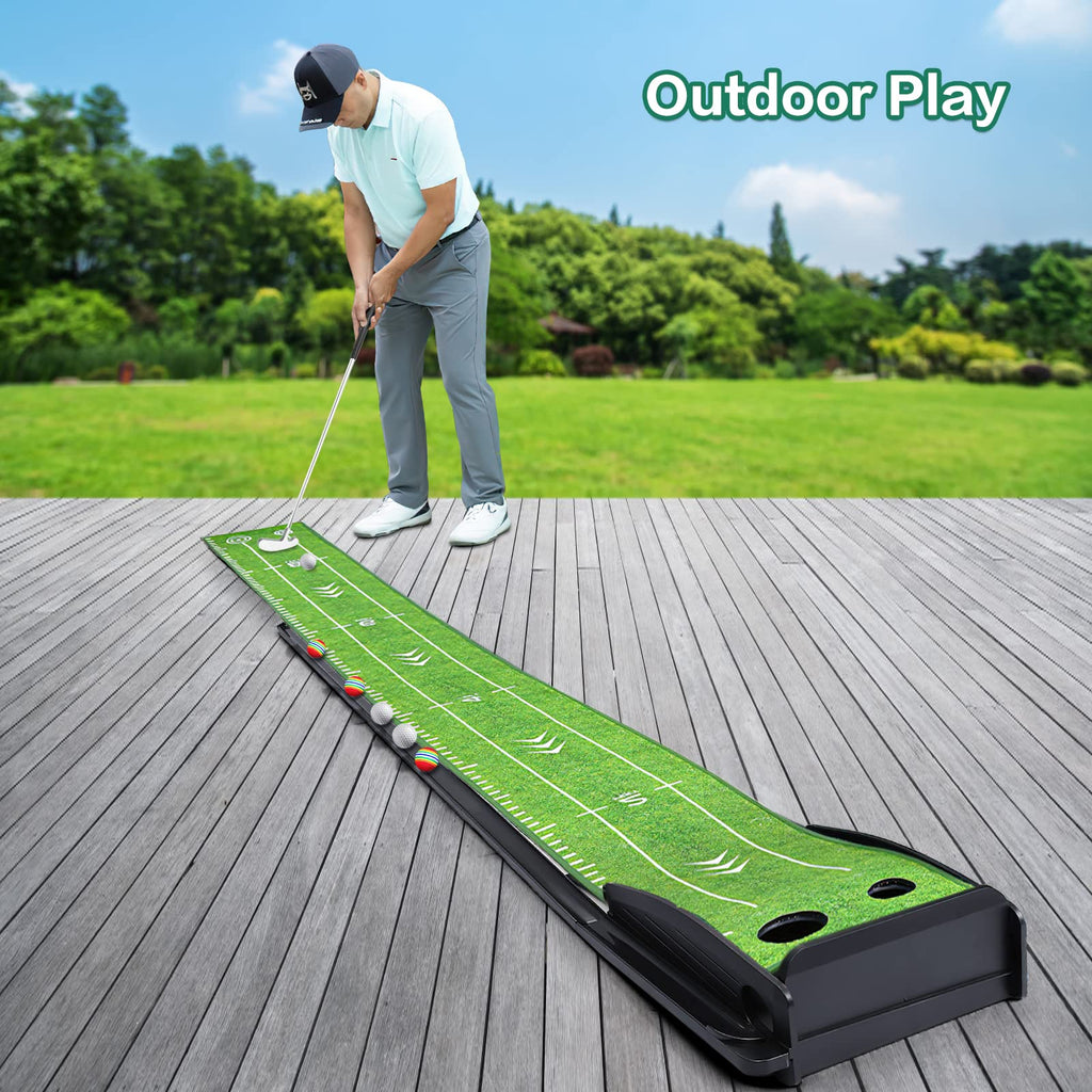 Losbenco Golf Putting Green Mat With Putter And 6 Golf Balls, Golf Putting Practice Mat Equipment With Auto Ball Return System F